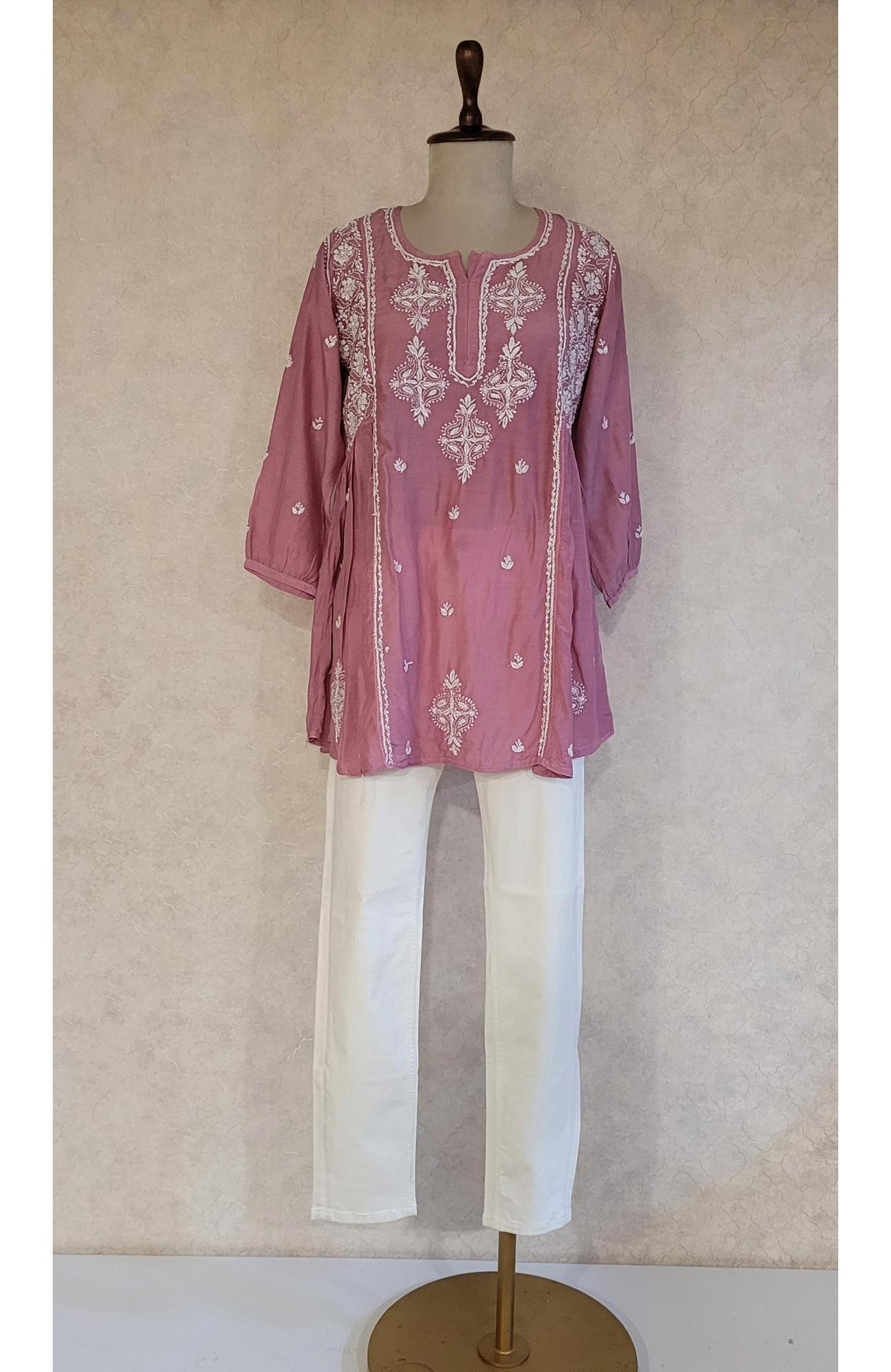 Onion Colour Muslin Chikankari Short Top