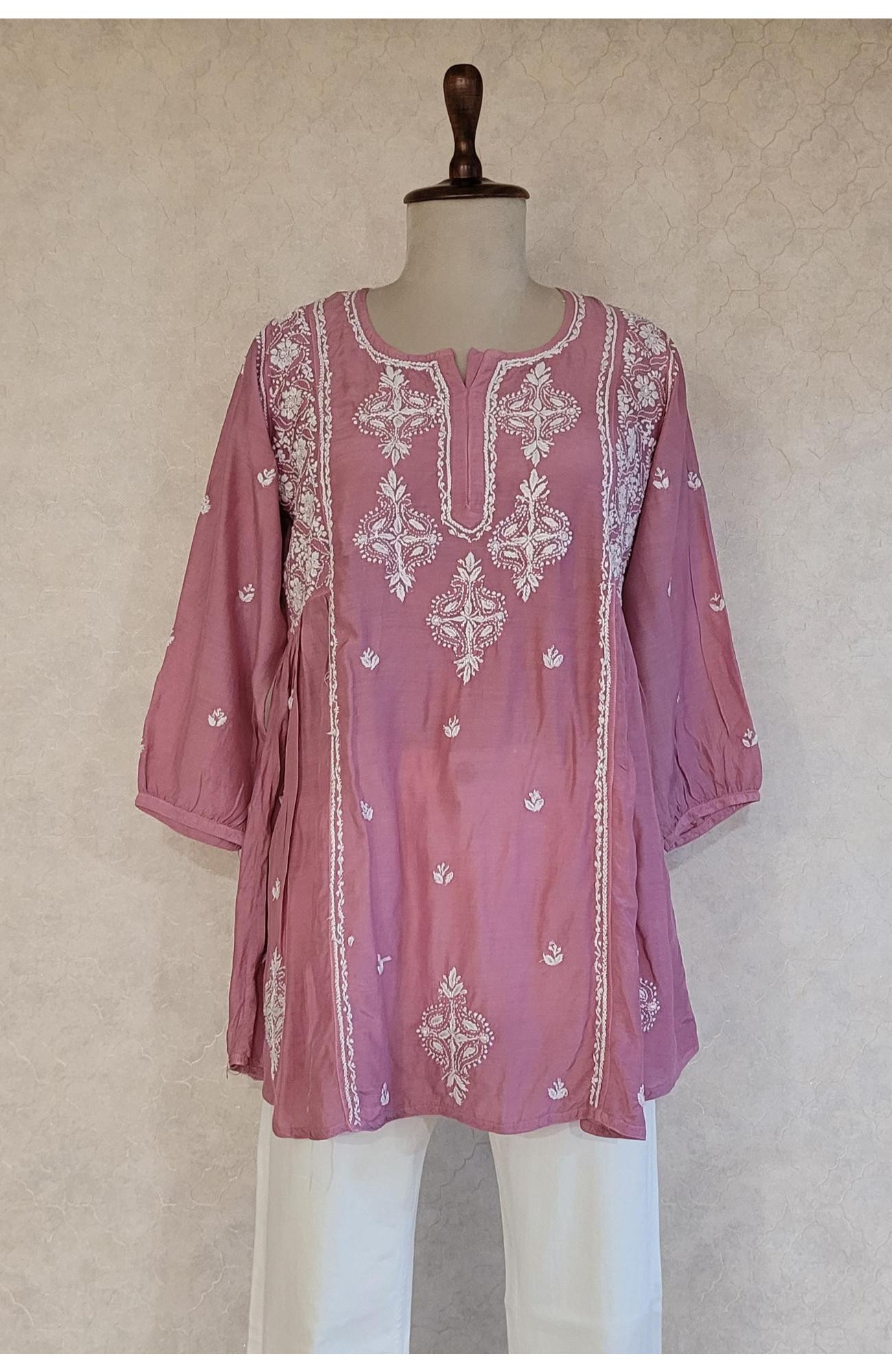 Onion Colour Muslin Chikankari Short Top