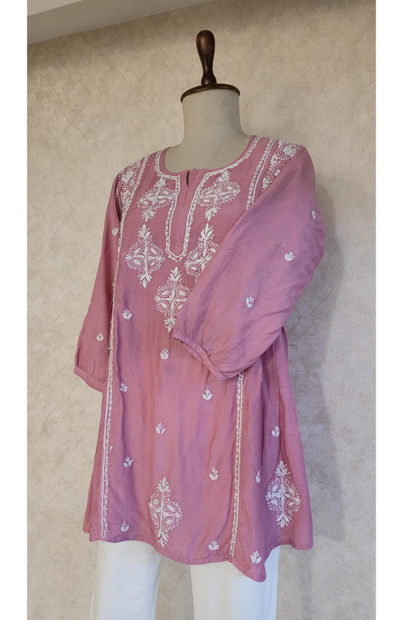 Onion Colour Muslin Chikankari Short Top