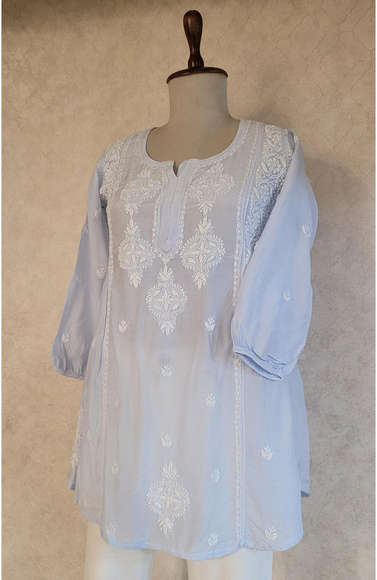 Sky Blue Muslin Chikankari Short Top