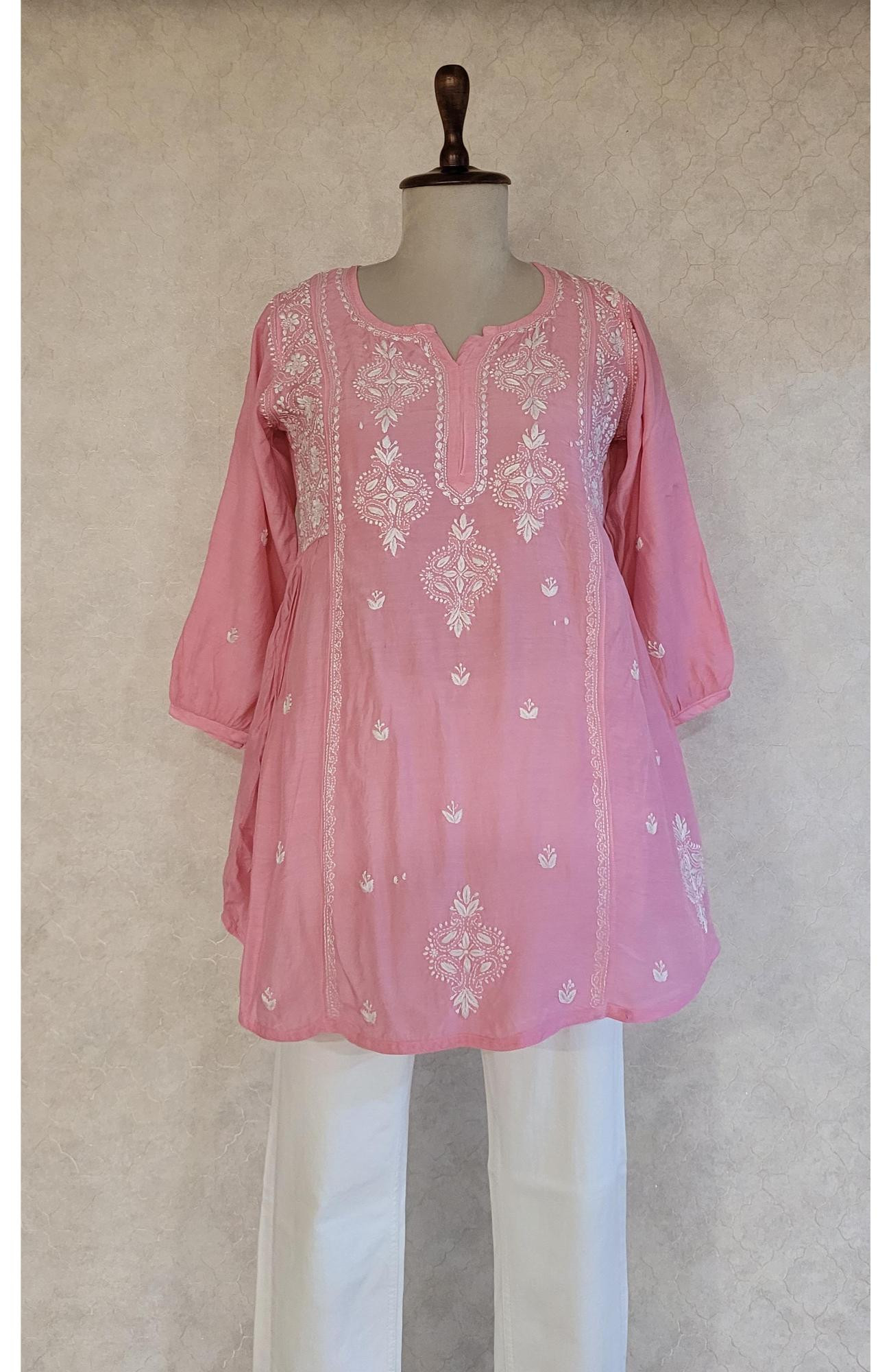 Pink Muslin Chikankari Short Top