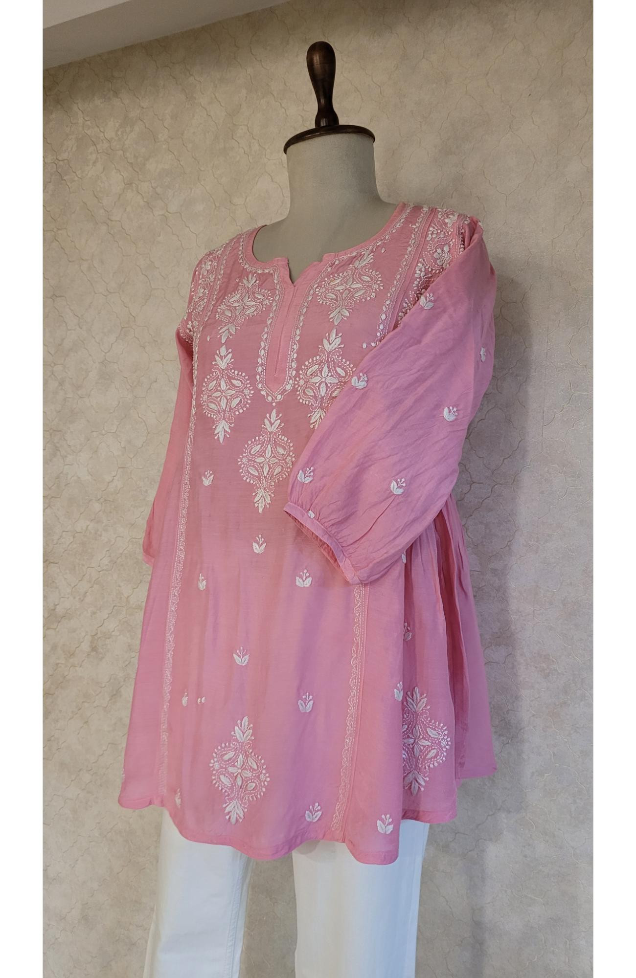 Pink Muslin Chikankari Short Top