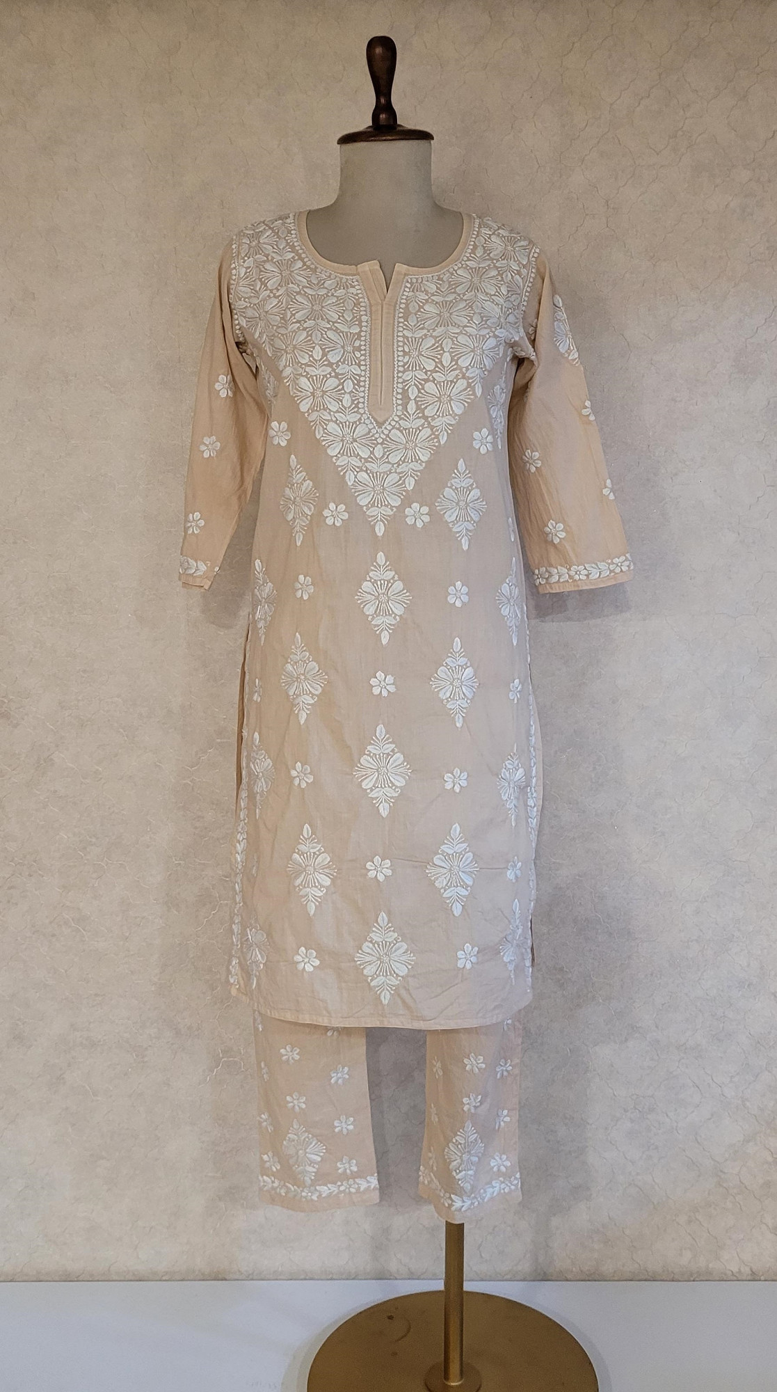 Beige Cotton Chikankari Kurta & Pant Set