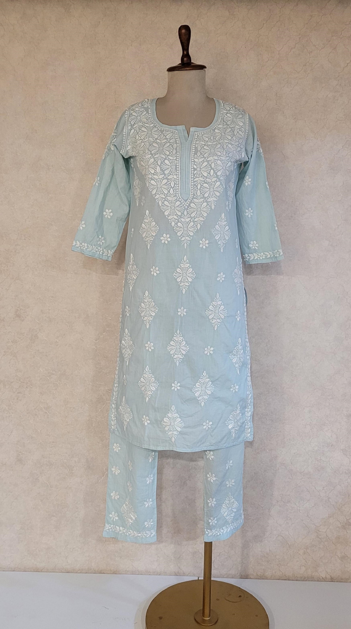 Turquoise Blue Cotton Chikankari Kurta & Pant Set
