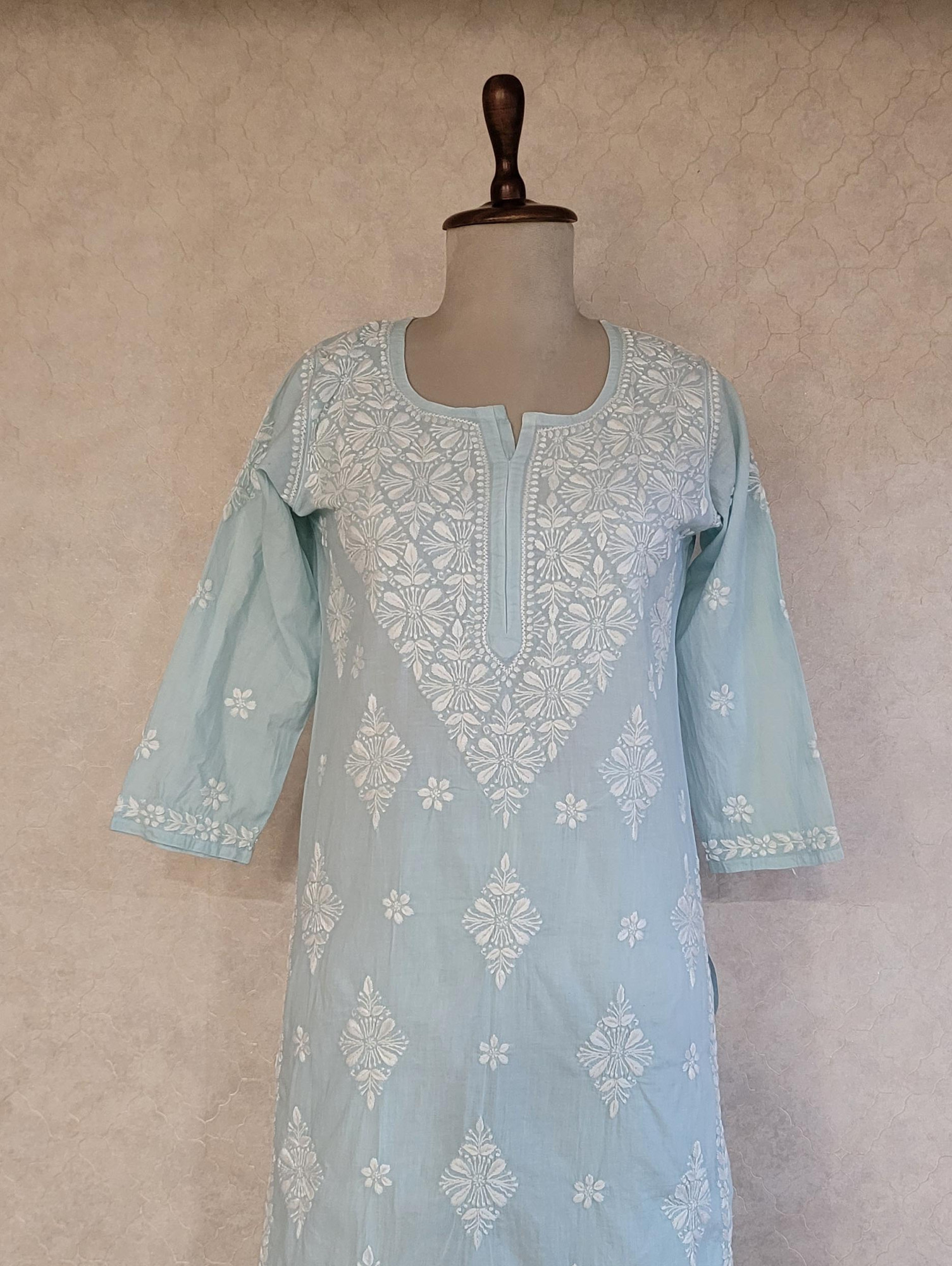 Turquoise Blue Cotton Chikankari Kurta & Pant Set
