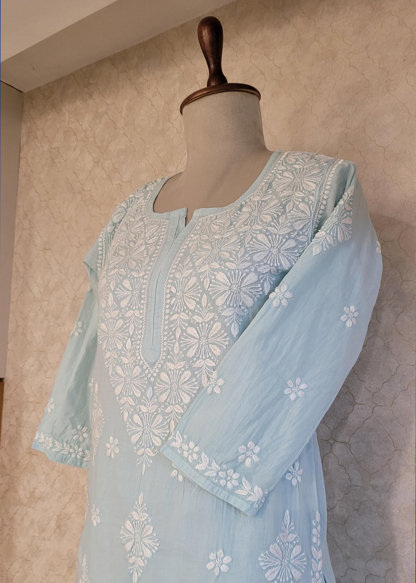 Turquoise Blue Cotton Chikankari Kurta & Pant Set