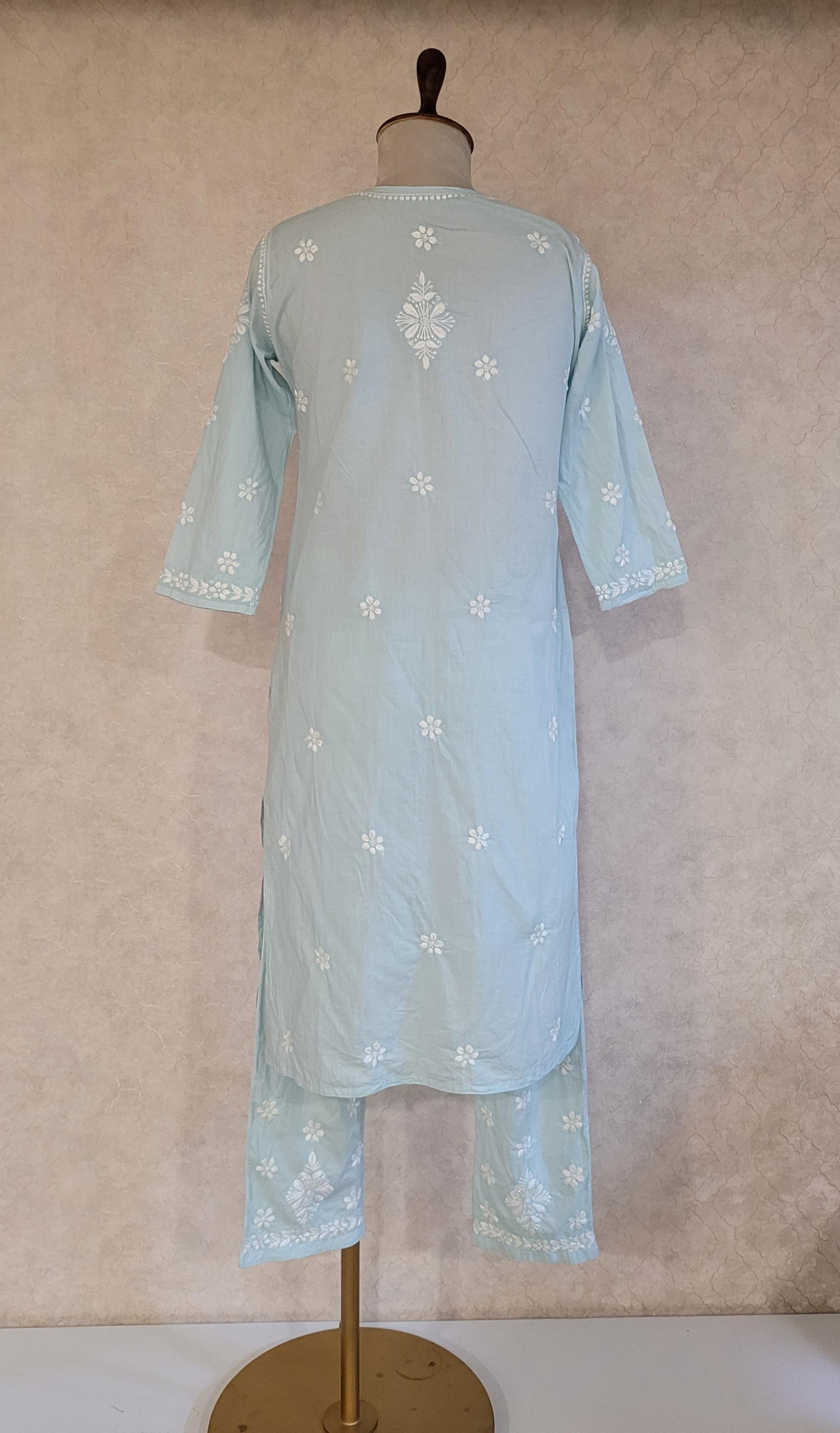 Turquoise Blue Cotton Chikankari Kurta & Pant Set
