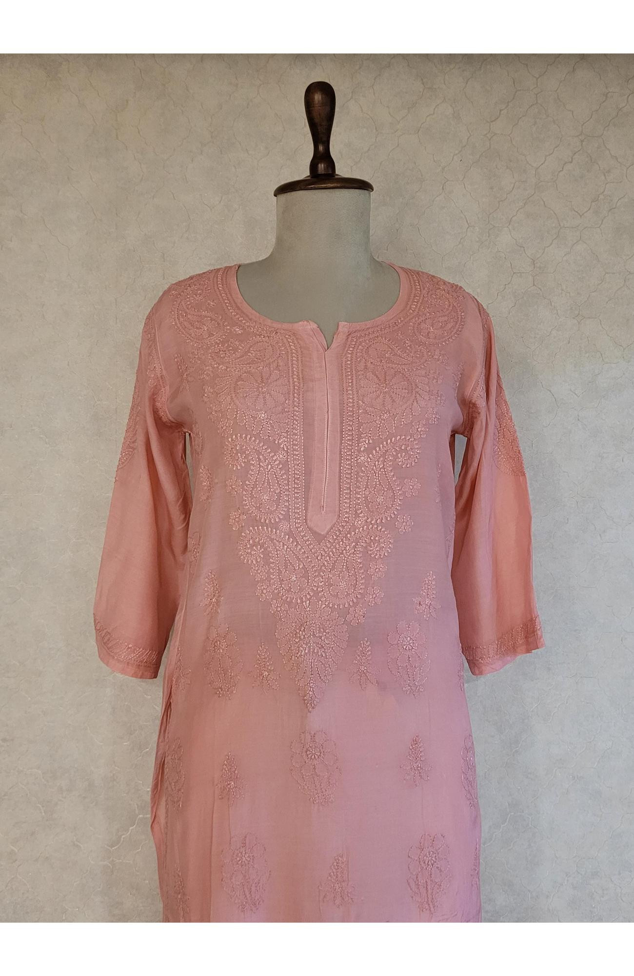 Carrot Pink Muslin Chikankari Kurta