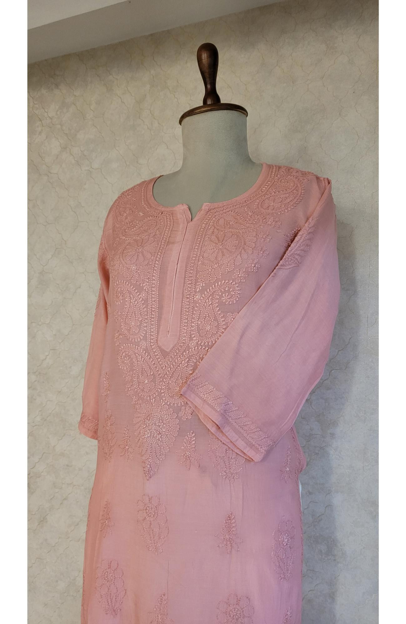 Carrot Pink Muslin Chikankari Kurta