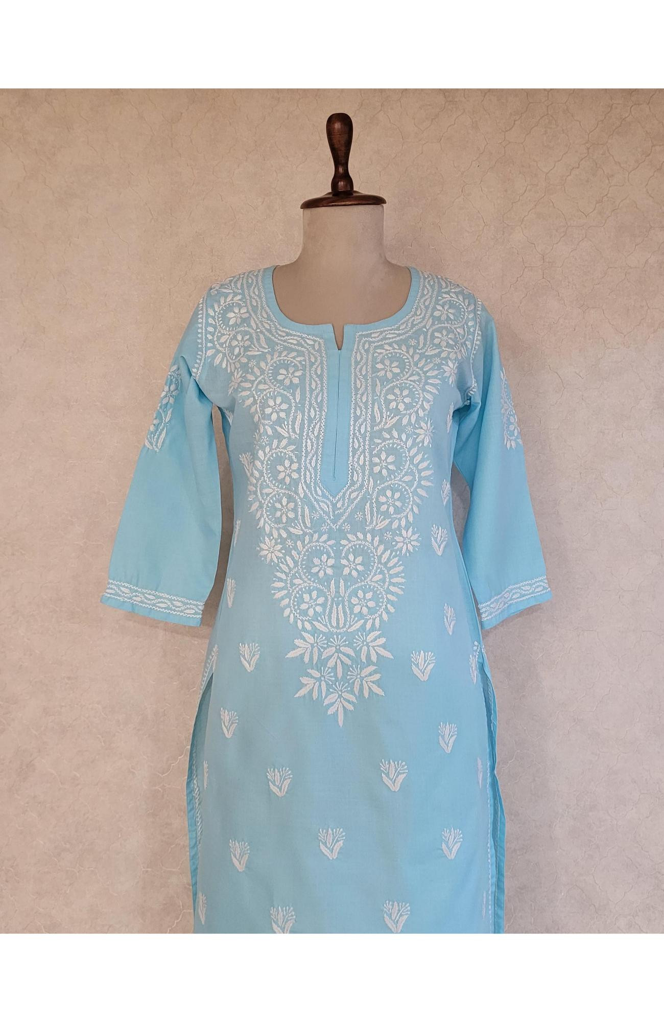 Sky Blue Slub Cotton Chikankari Kurta