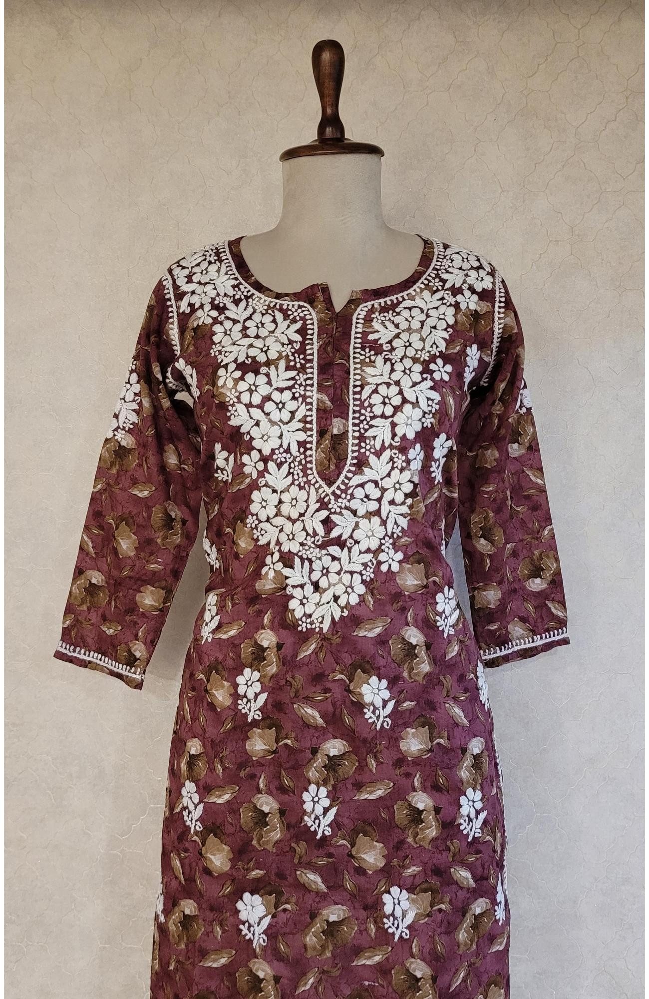 Maroon Print Mul Cotton Chikankari Kurta