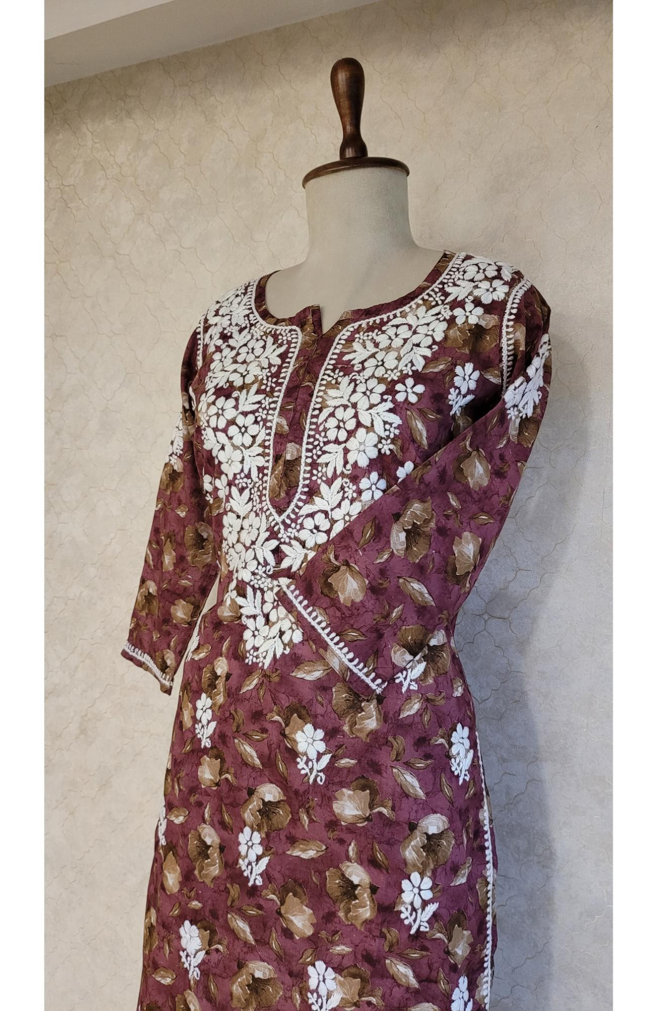Maroon Print Mul Cotton Chikankari Kurta