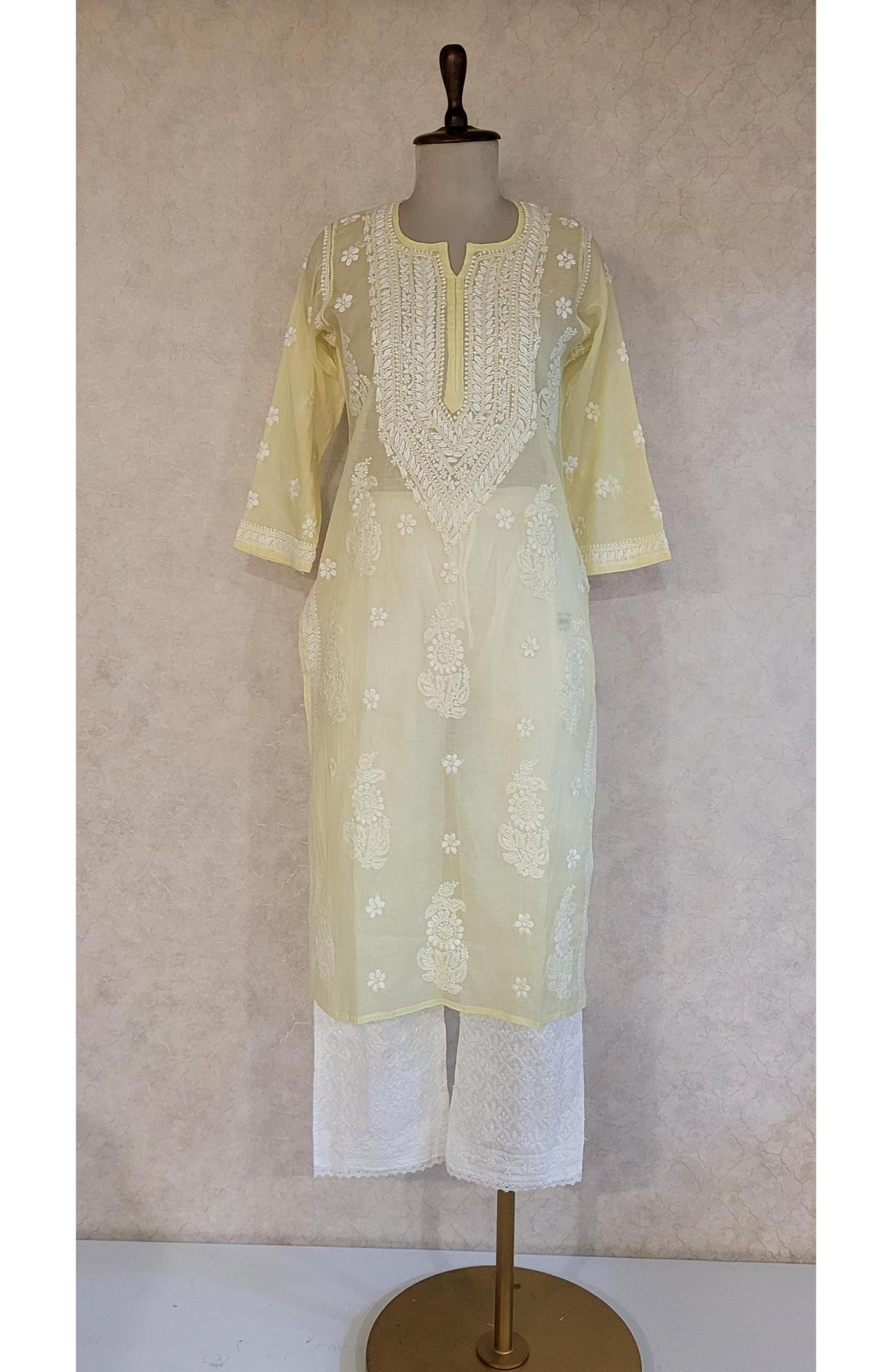 Yellow Mul Chanderi Chikankari Kurta
