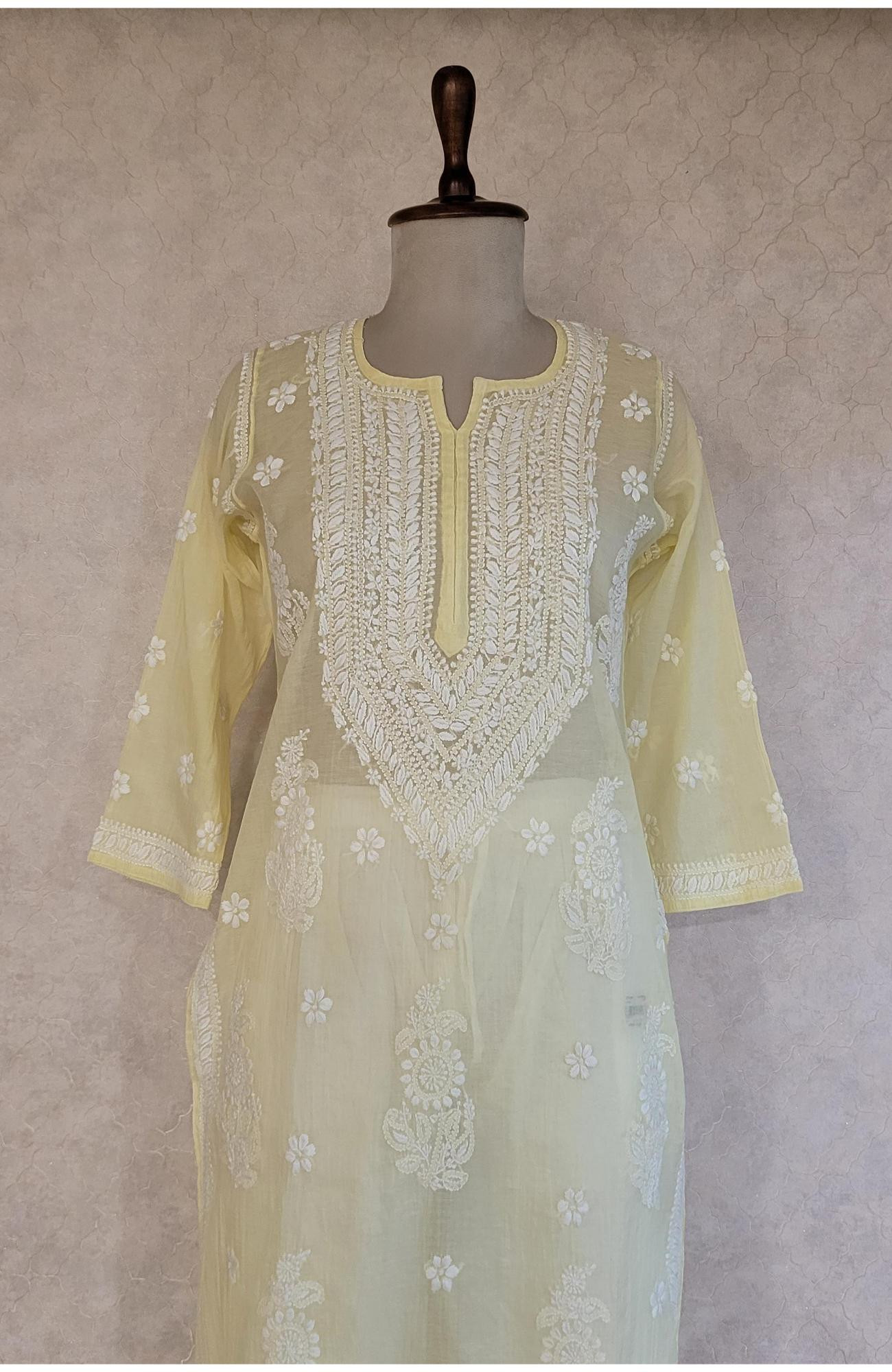 Yellow Mul Chanderi Chikankari Kurta