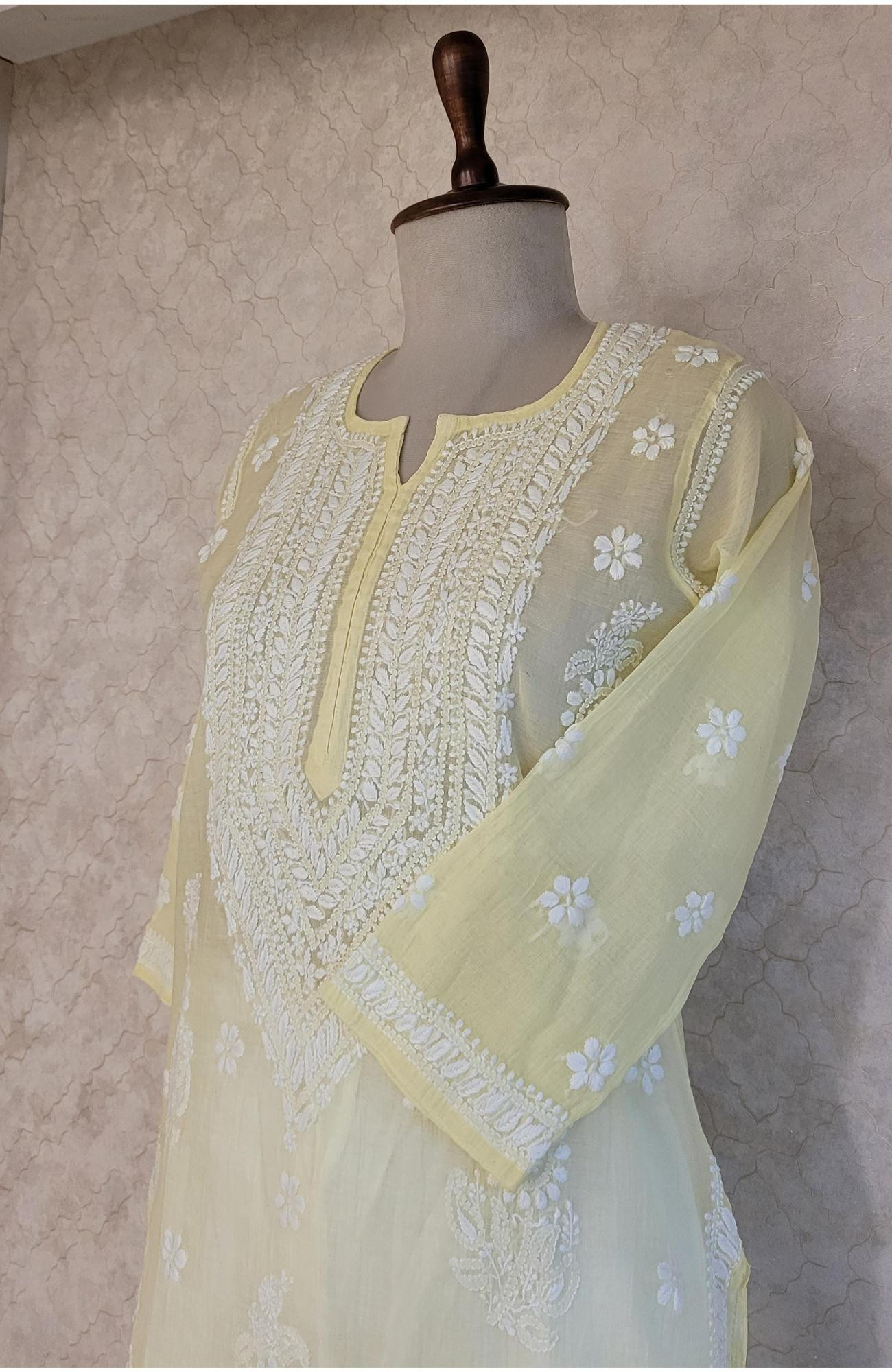 Yellow Mul Chanderi Chikankari Kurta
