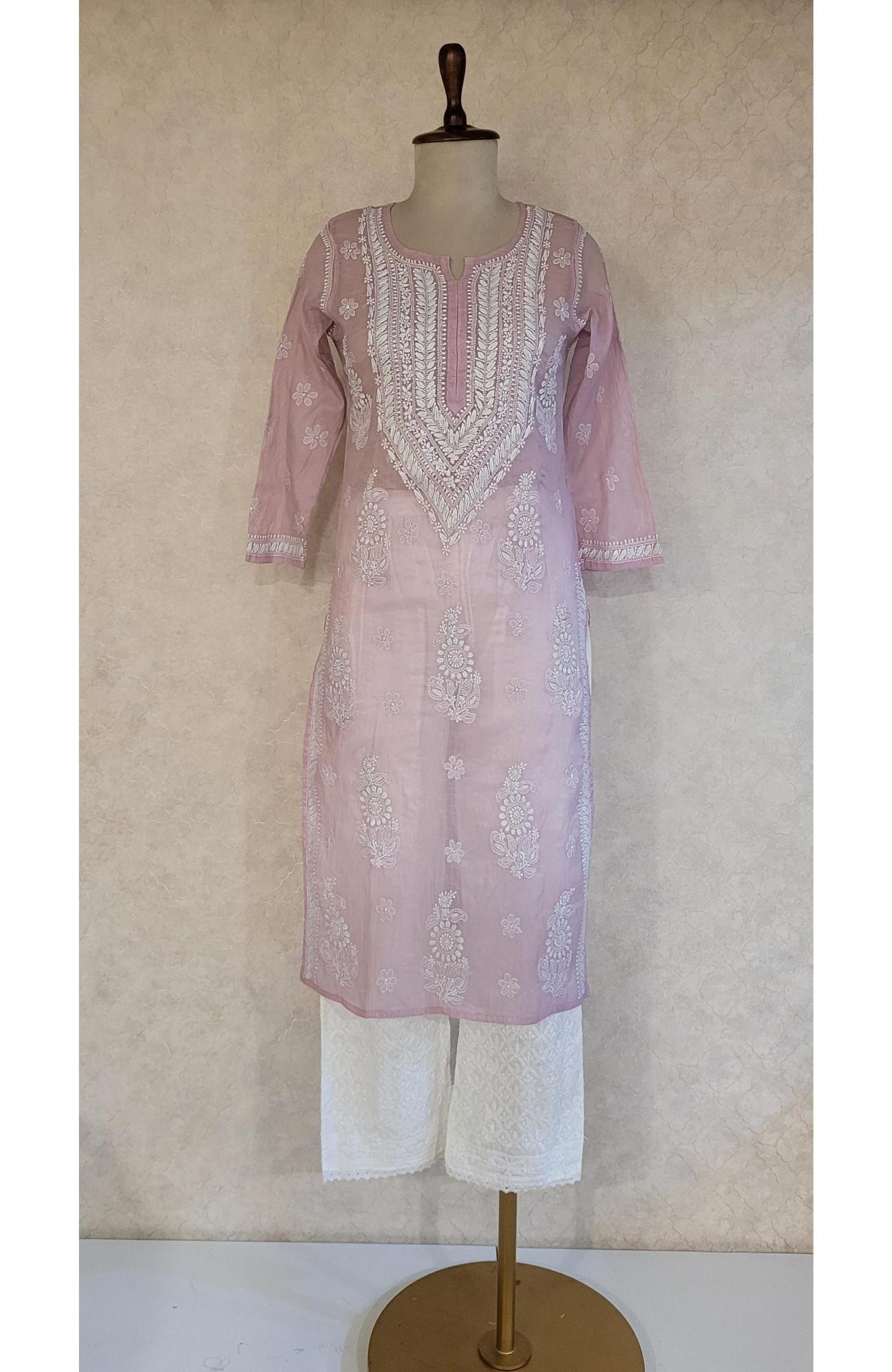 Light Onion Pink Mul Chanderi Chikankari Kurta
