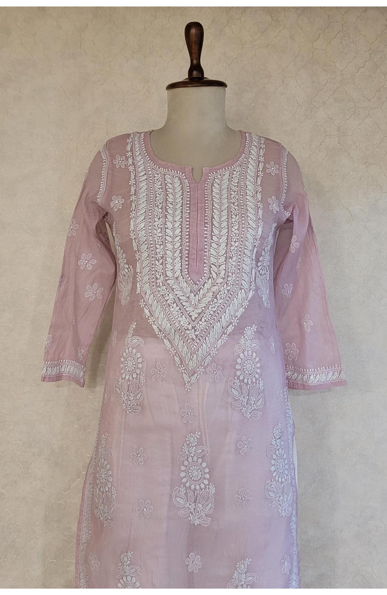 Light Onion Pink Mul Chanderi Chikankari Kurta