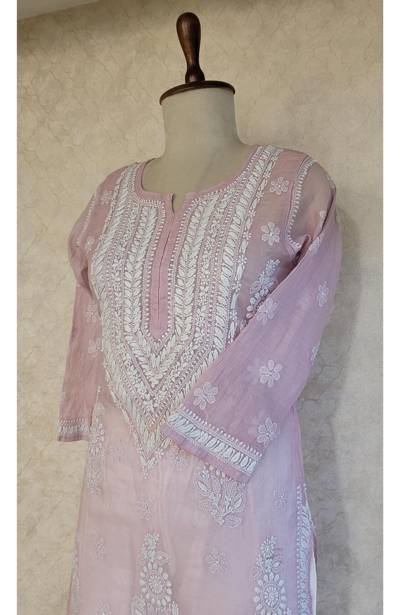 Light Onion Pink Mul Chanderi Chikankari Kurta