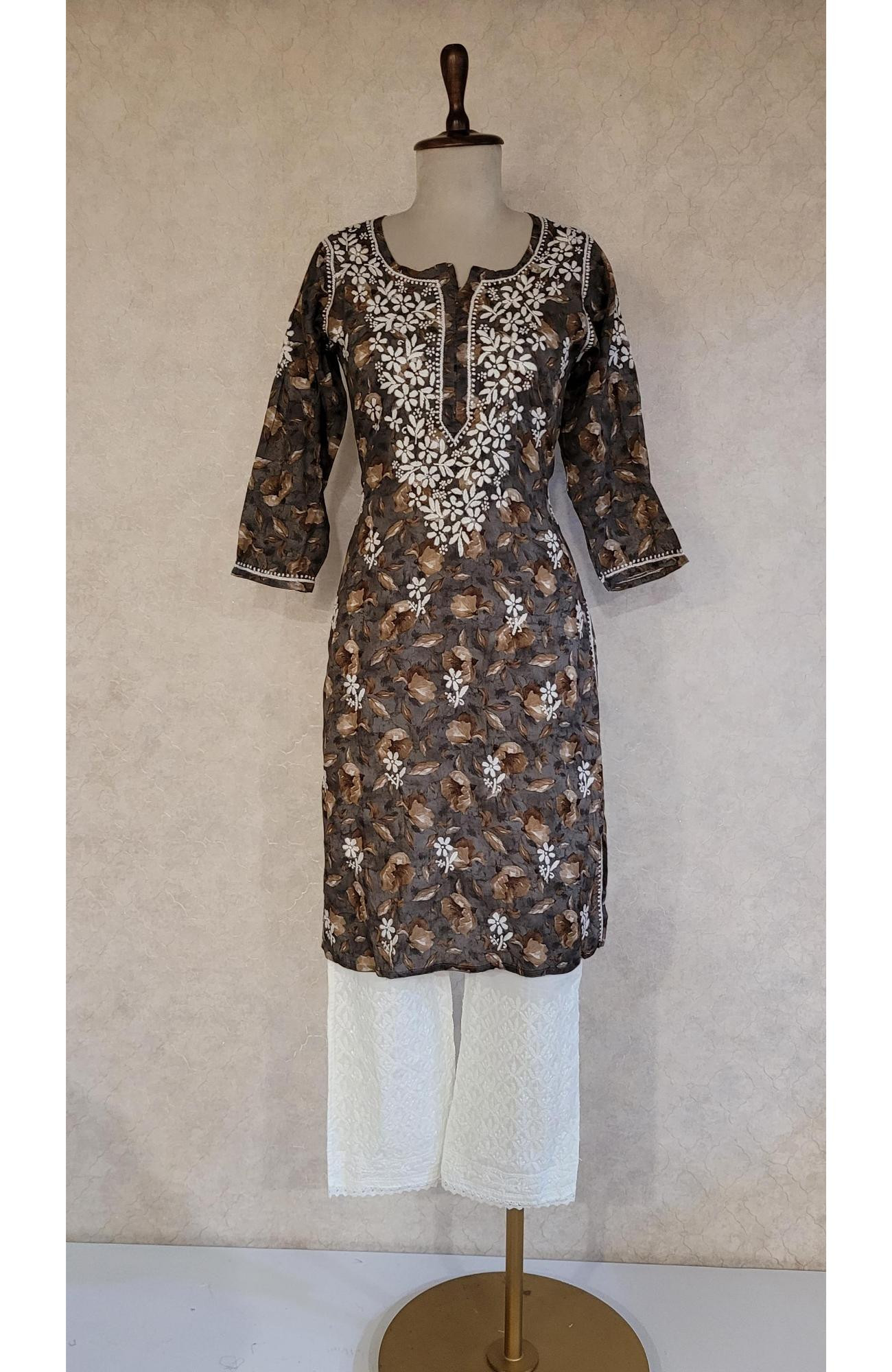 Greenish Grey Mul Print Cotton Chikankari Kurta