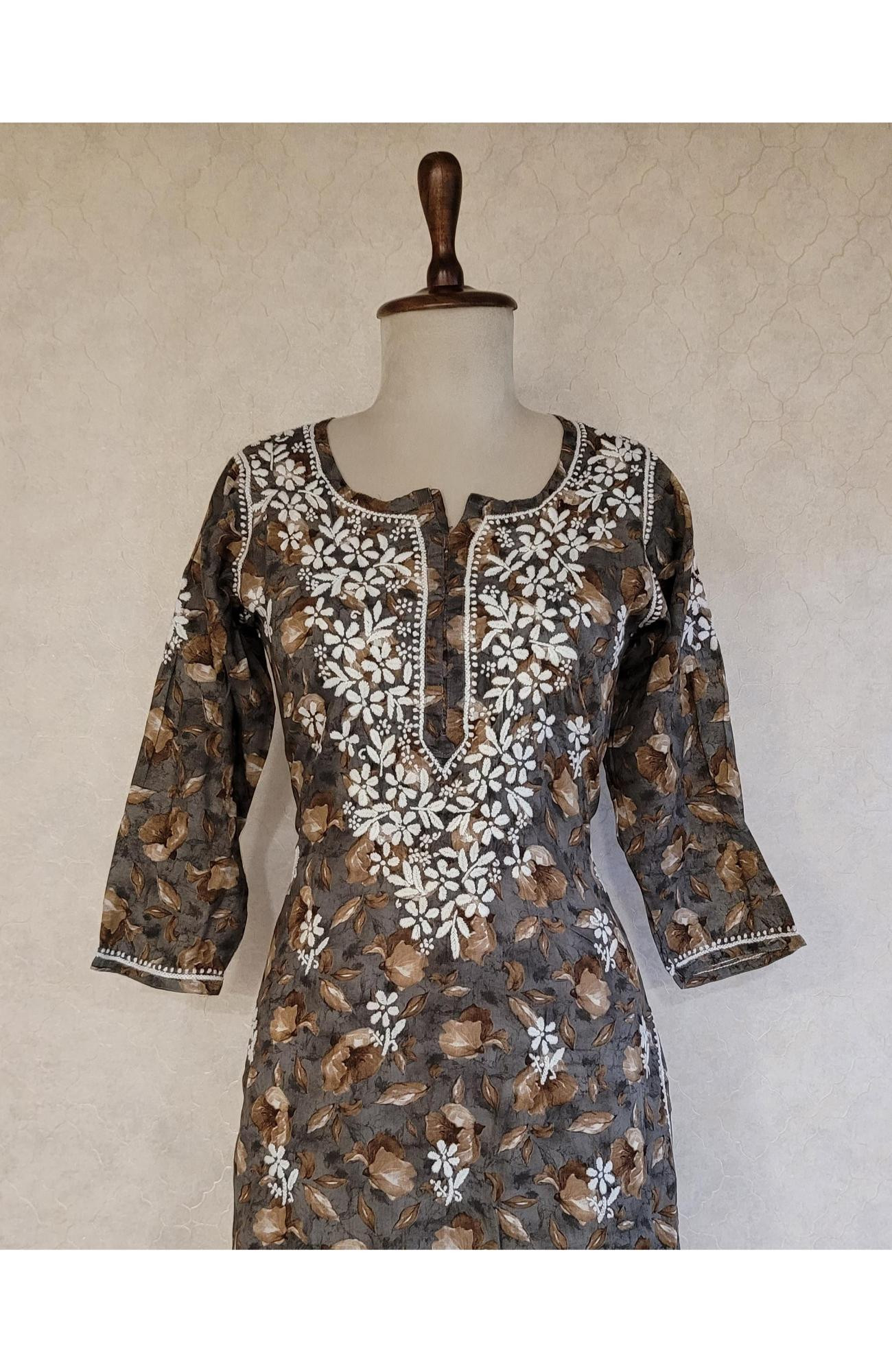 Greenish Grey Mul Print Cotton Chikankari Kurta