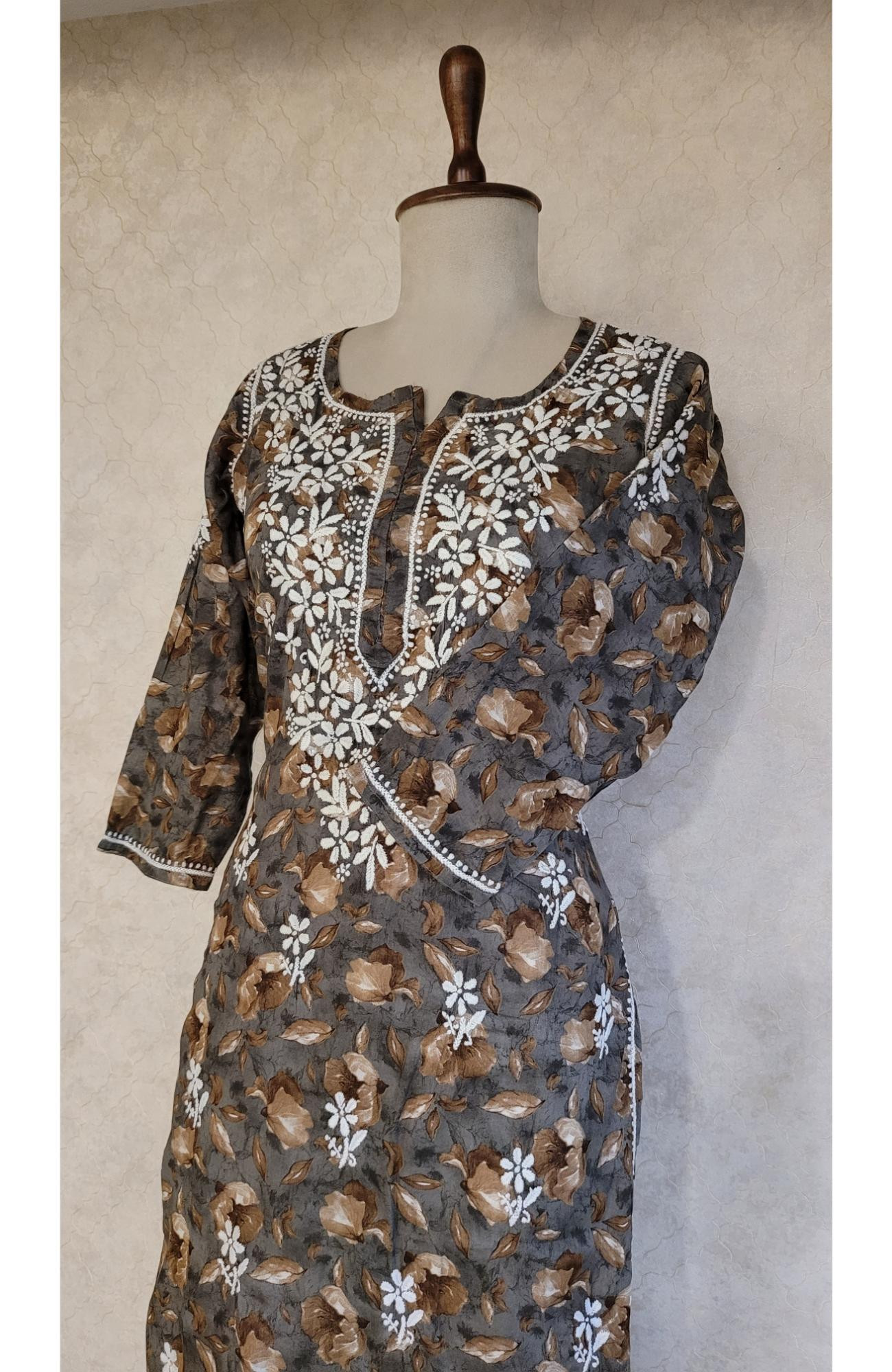 Greenish Grey Mul Print Cotton Chikankari Kurta