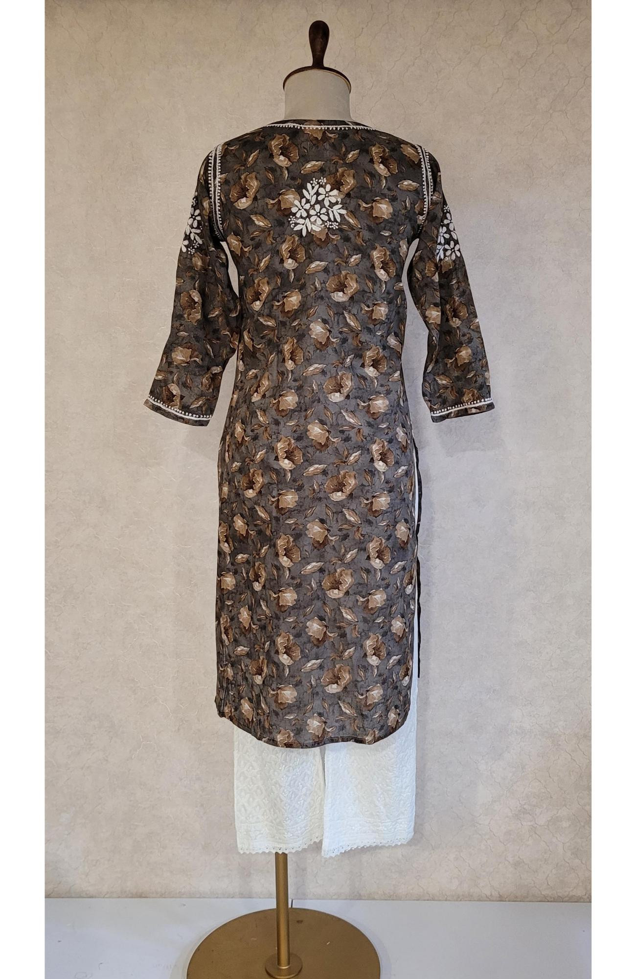 Greenish Grey Mul Print Cotton Chikankari Kurta