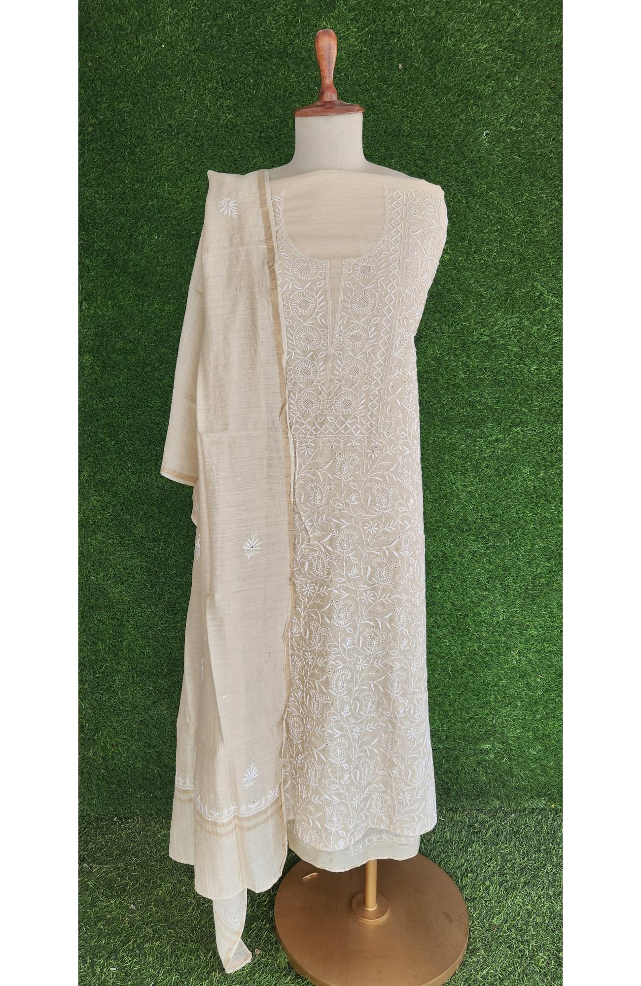 Beige Munga Silk Lucknowi Chikankari Suit Length