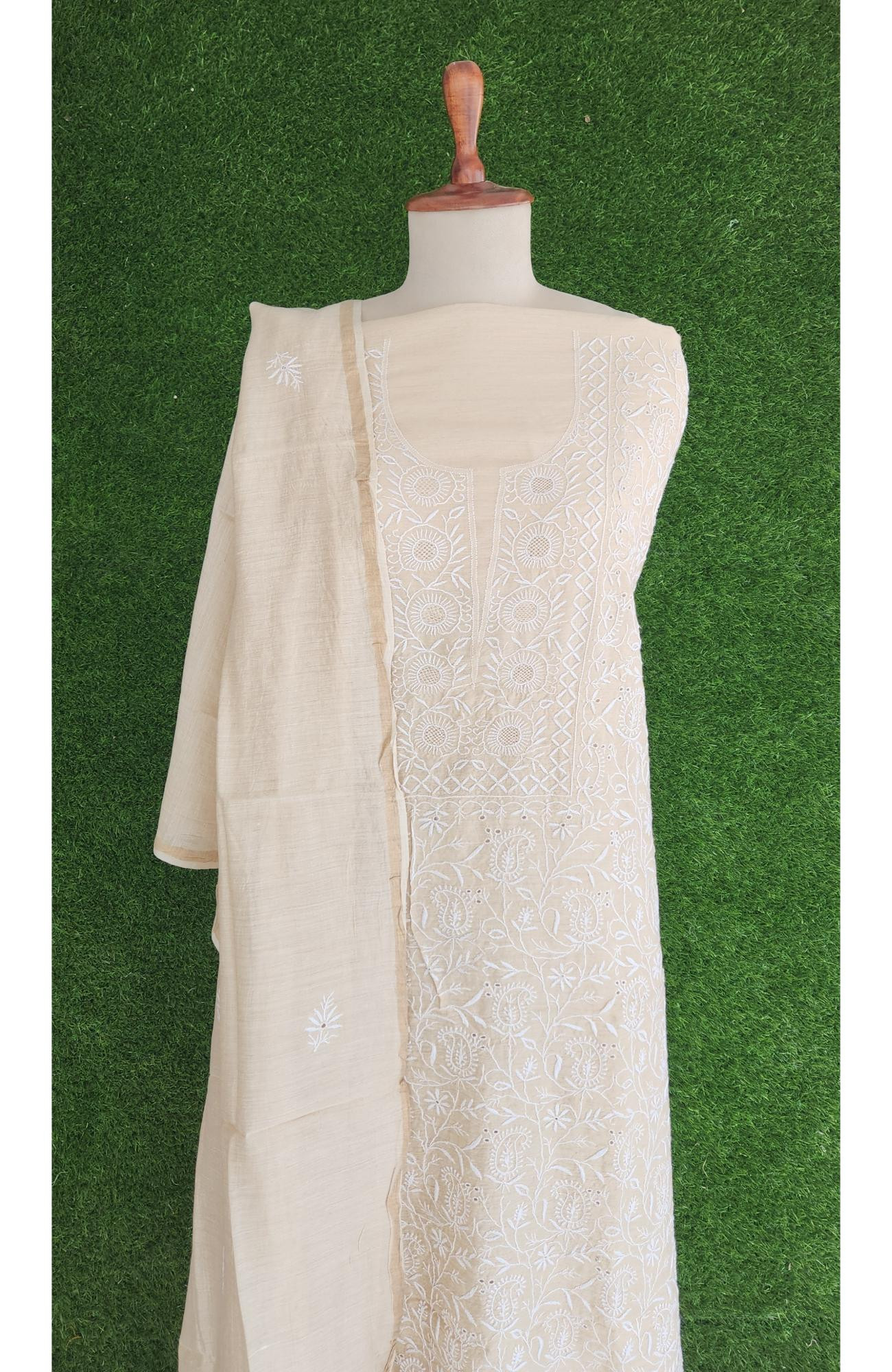 Beige Munga Silk Lucknowi Chikankari Suit Length