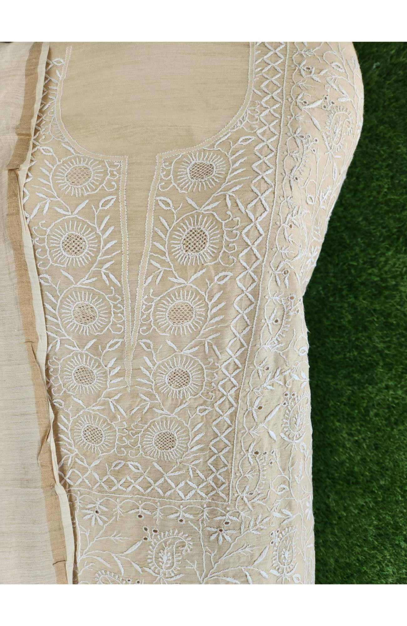 Beige Munga Silk Lucknowi Chikankari Suit Length
