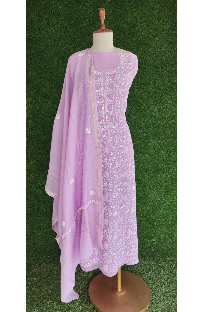Image of Lavender  Mul Chanderi Chikankari Kurta Dupatta Set