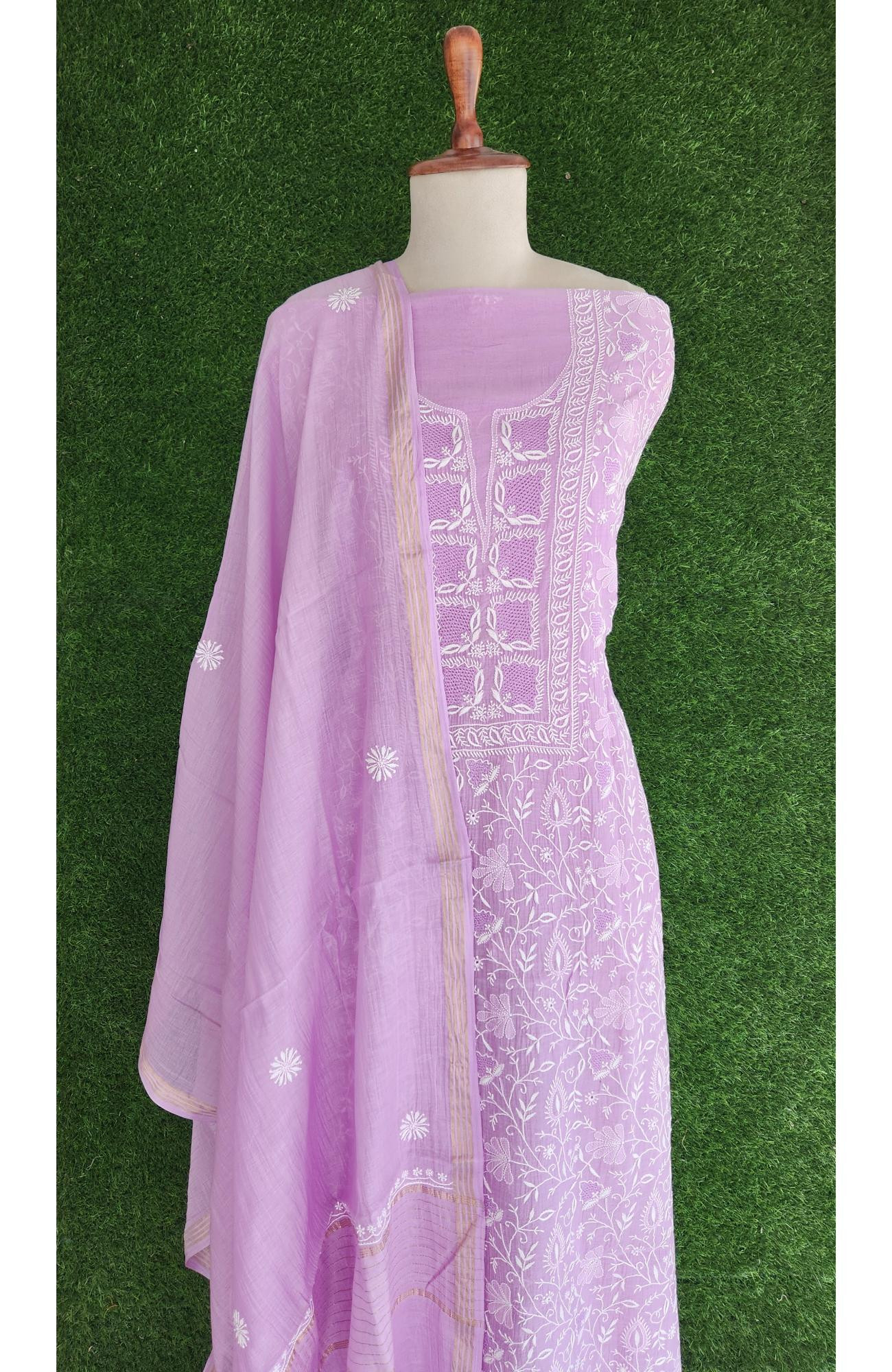 Lavender  Mul Chanderi Chikankari Kurta Dupatta Set