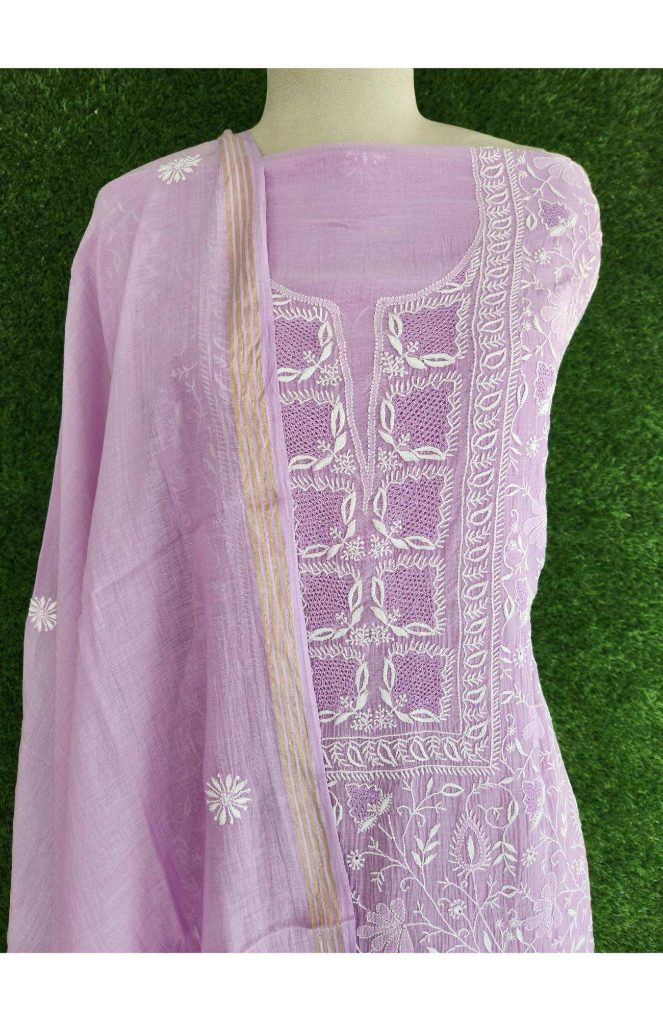 Lavender  Mul Chanderi Chikankari Kurta Dupatta Set