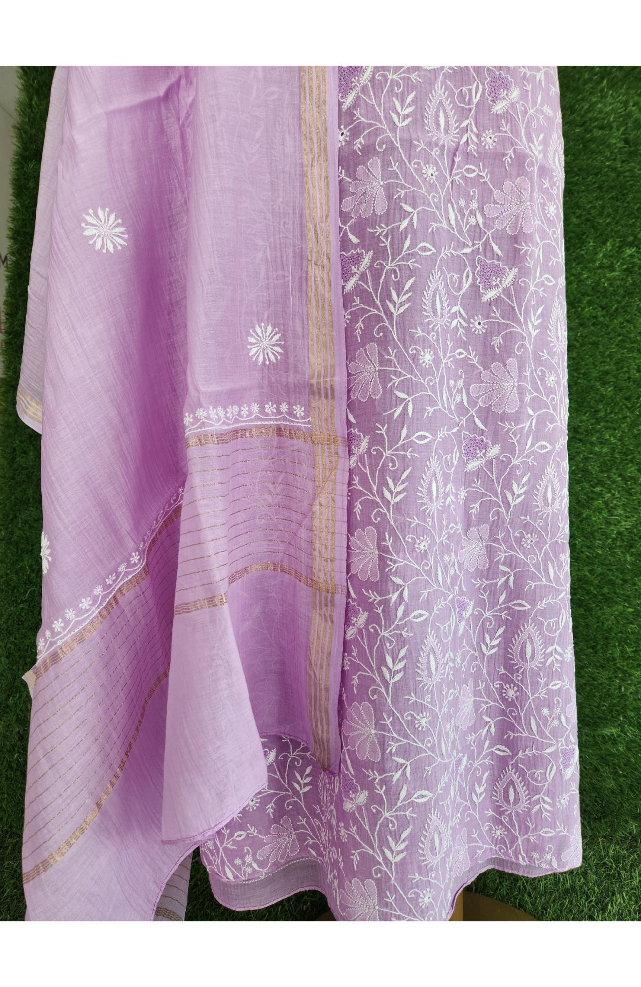 Lavender  Mul Chanderi Chikankari Kurta Dupatta Set