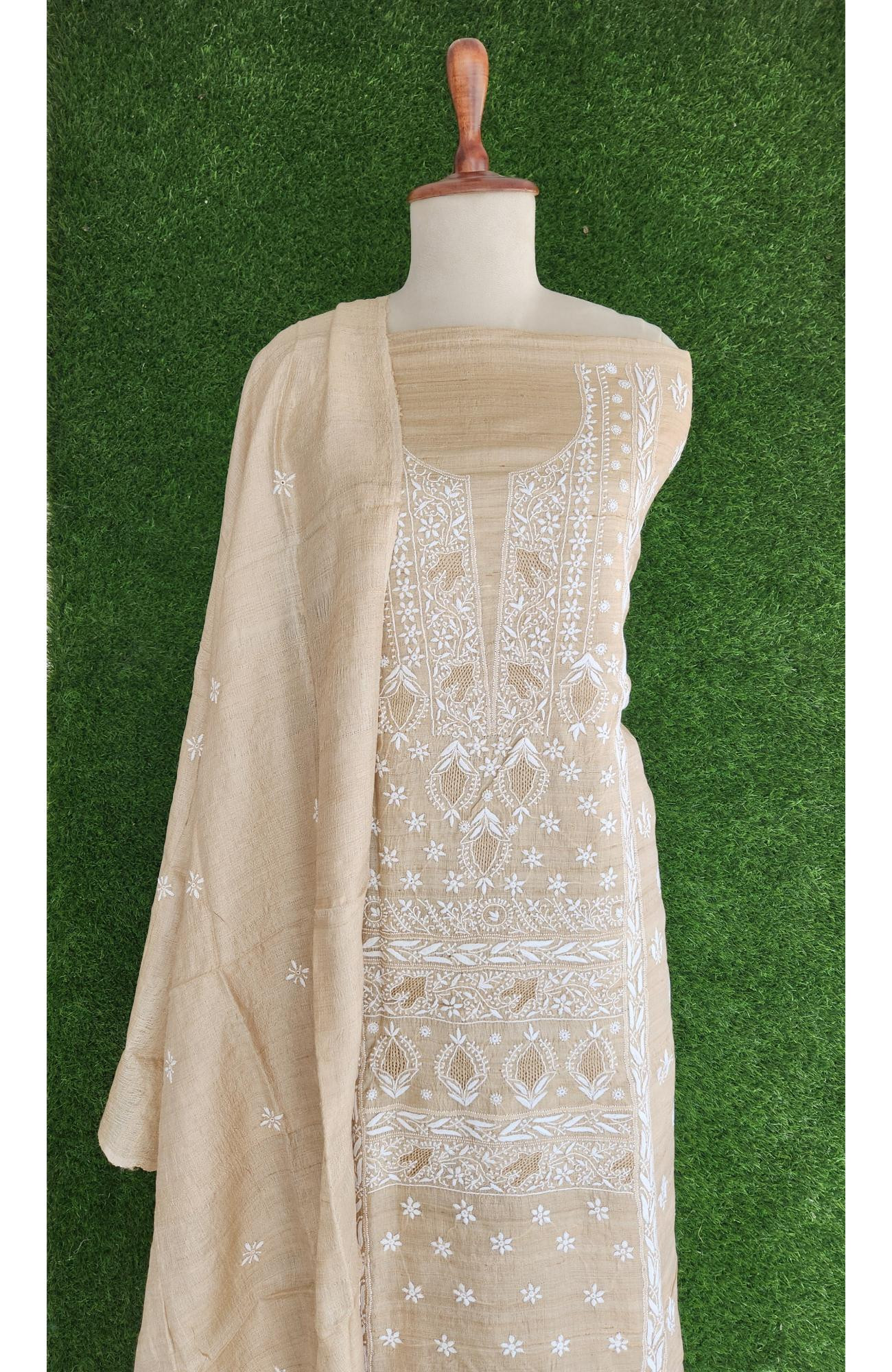 Beige Khadi Silk Lucknowi Chikankari Suit Length