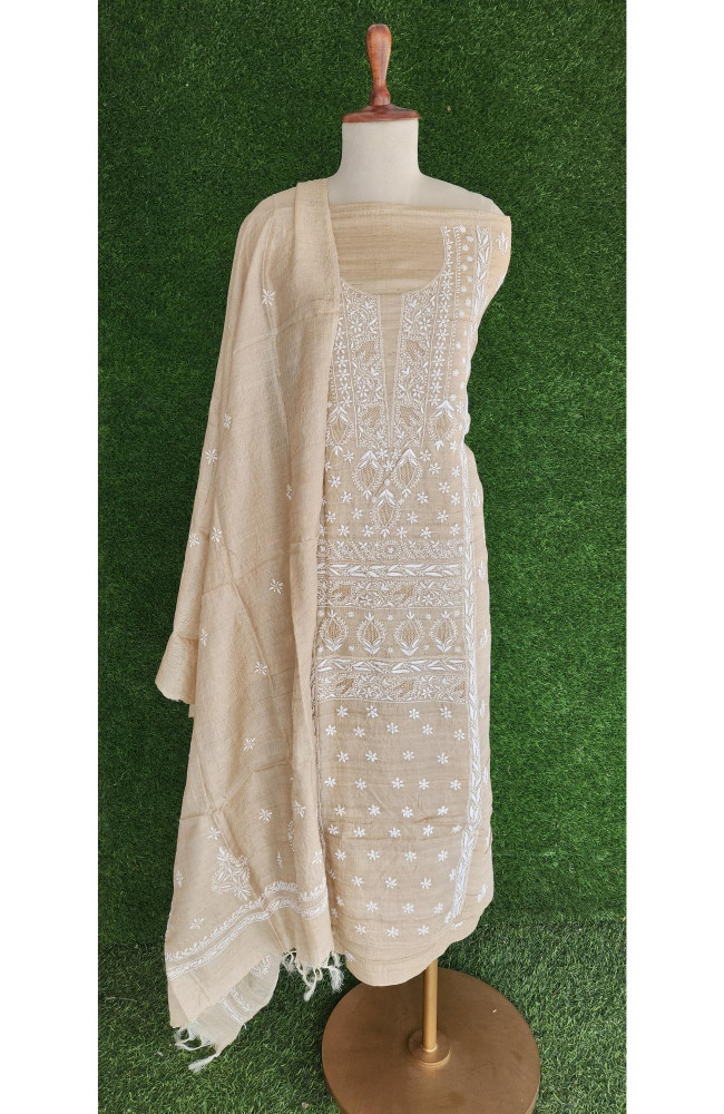 Image of Beige Khadi Silk Lucknowi Chikankari Suit Length