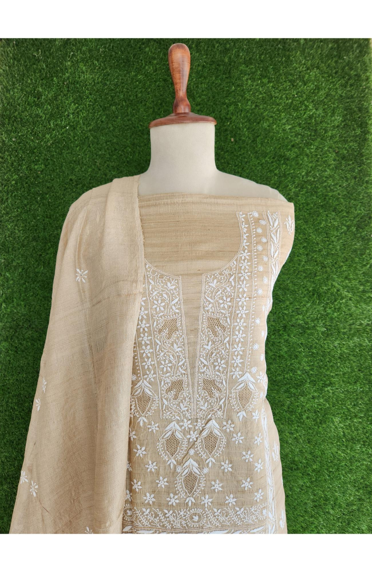 Beige Khadi Silk Lucknowi Chikankari Suit Length