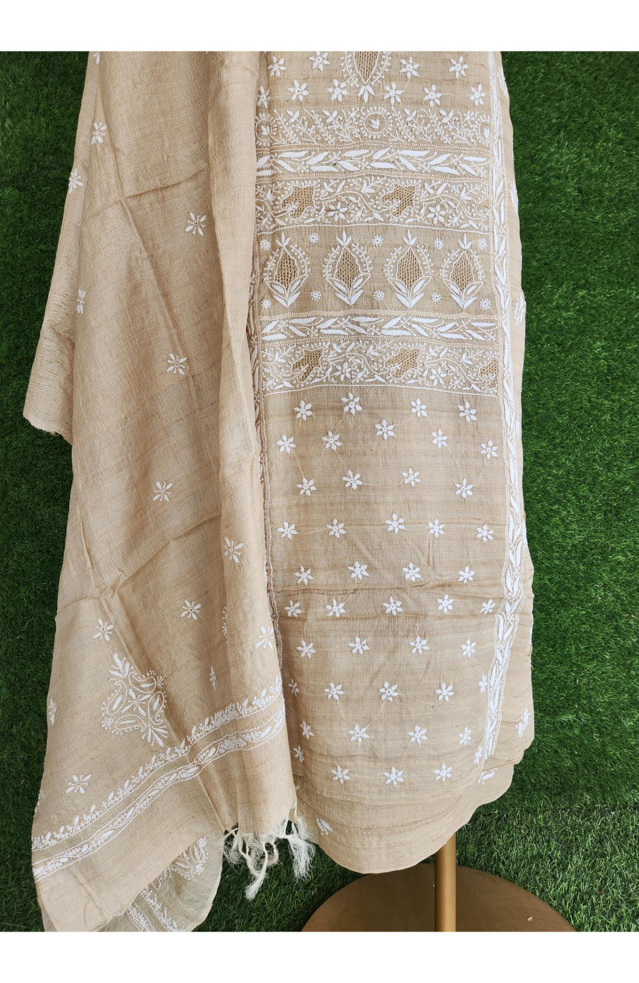 Beige Khadi Silk Lucknowi Chikankari Suit Length