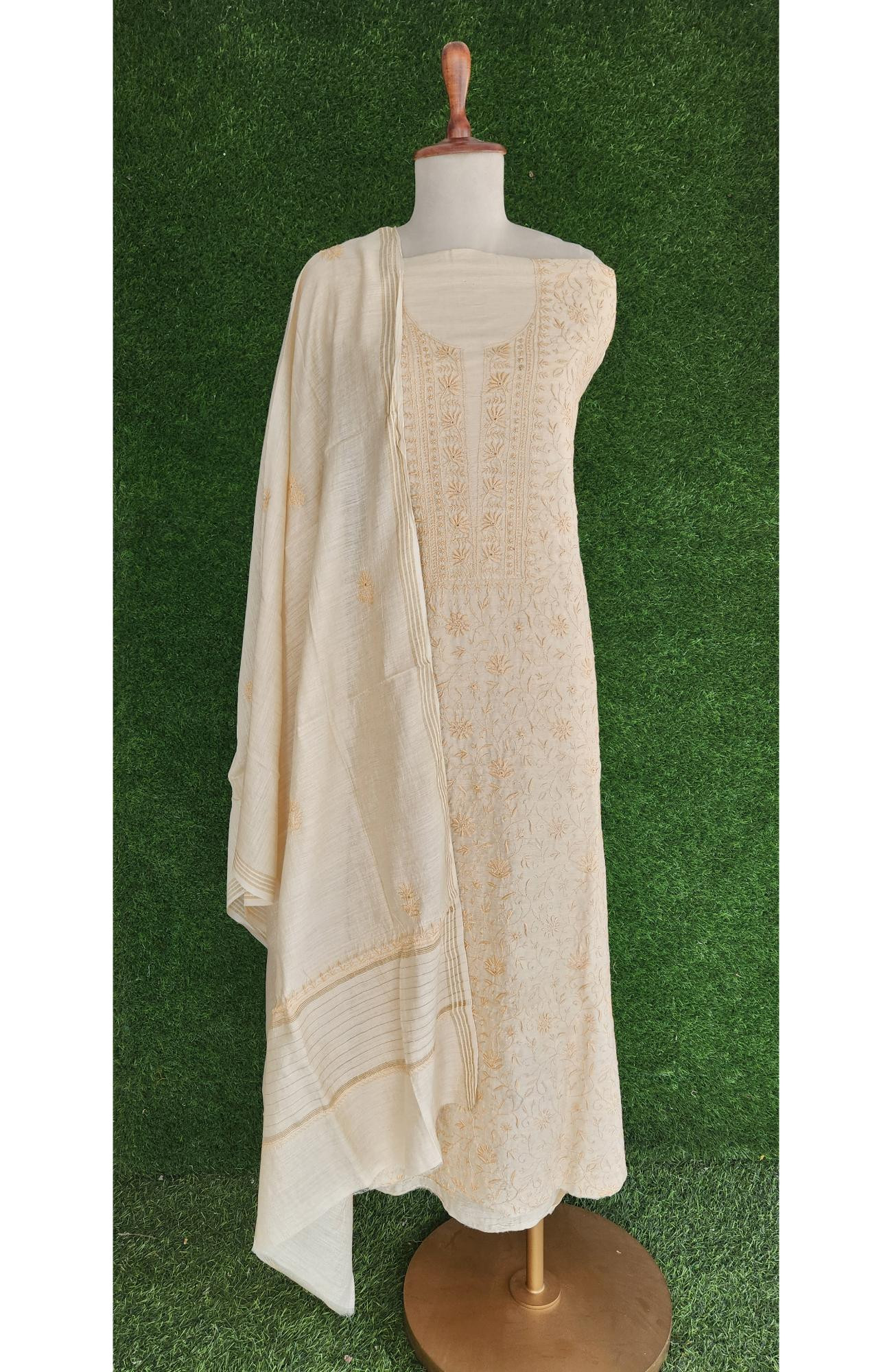 Beige Munga Silk Lucknowi Chikankari Suit Length