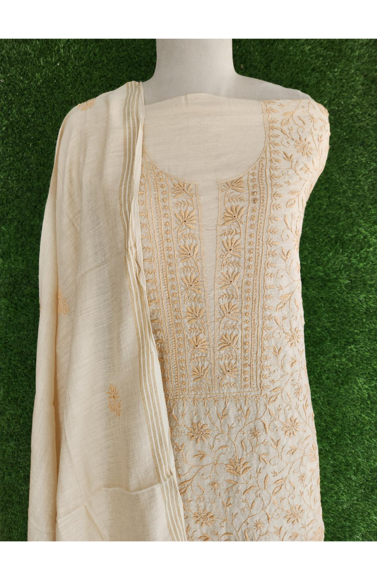 Beige Munga Silk Lucknowi Chikankari Suit Length