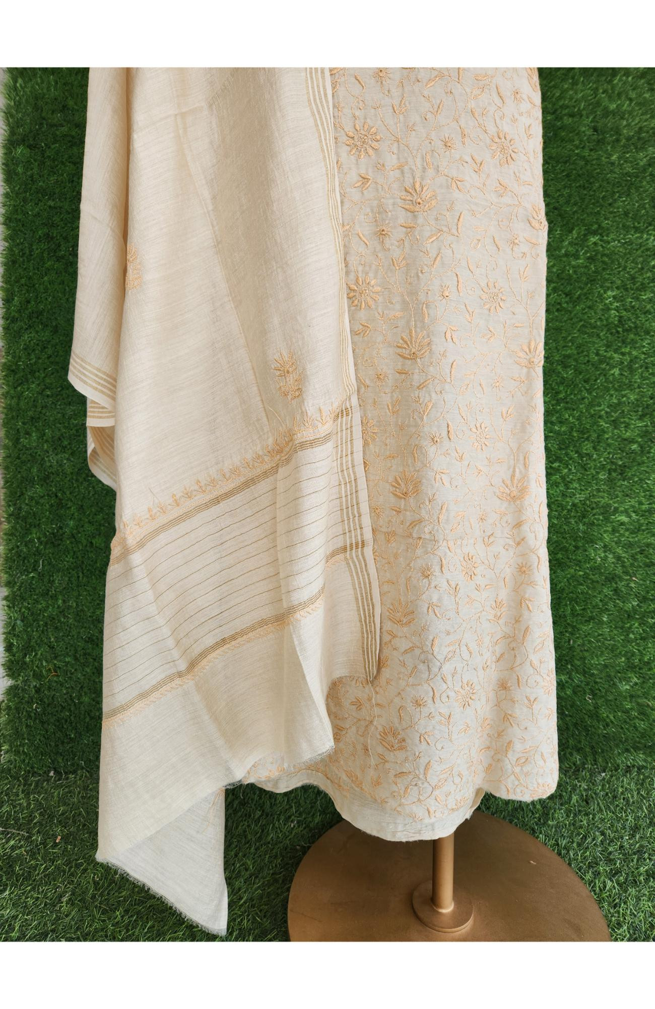 Beige Munga Silk Lucknowi Chikankari Suit Length