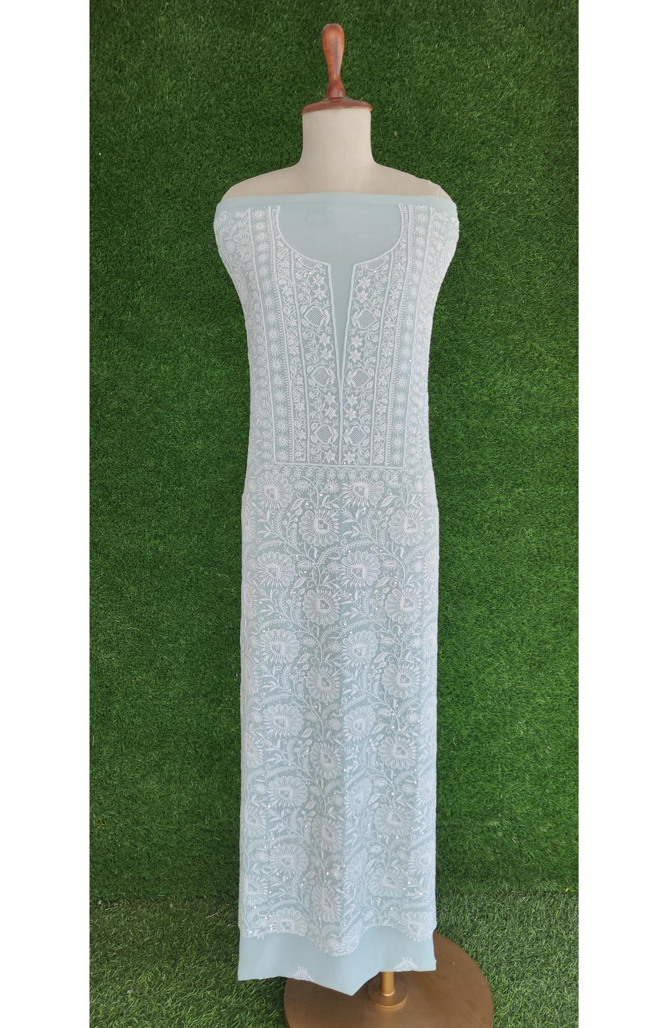 Pastel Light Blue Pure Georgette Chikankari 3 Piece Suit Length