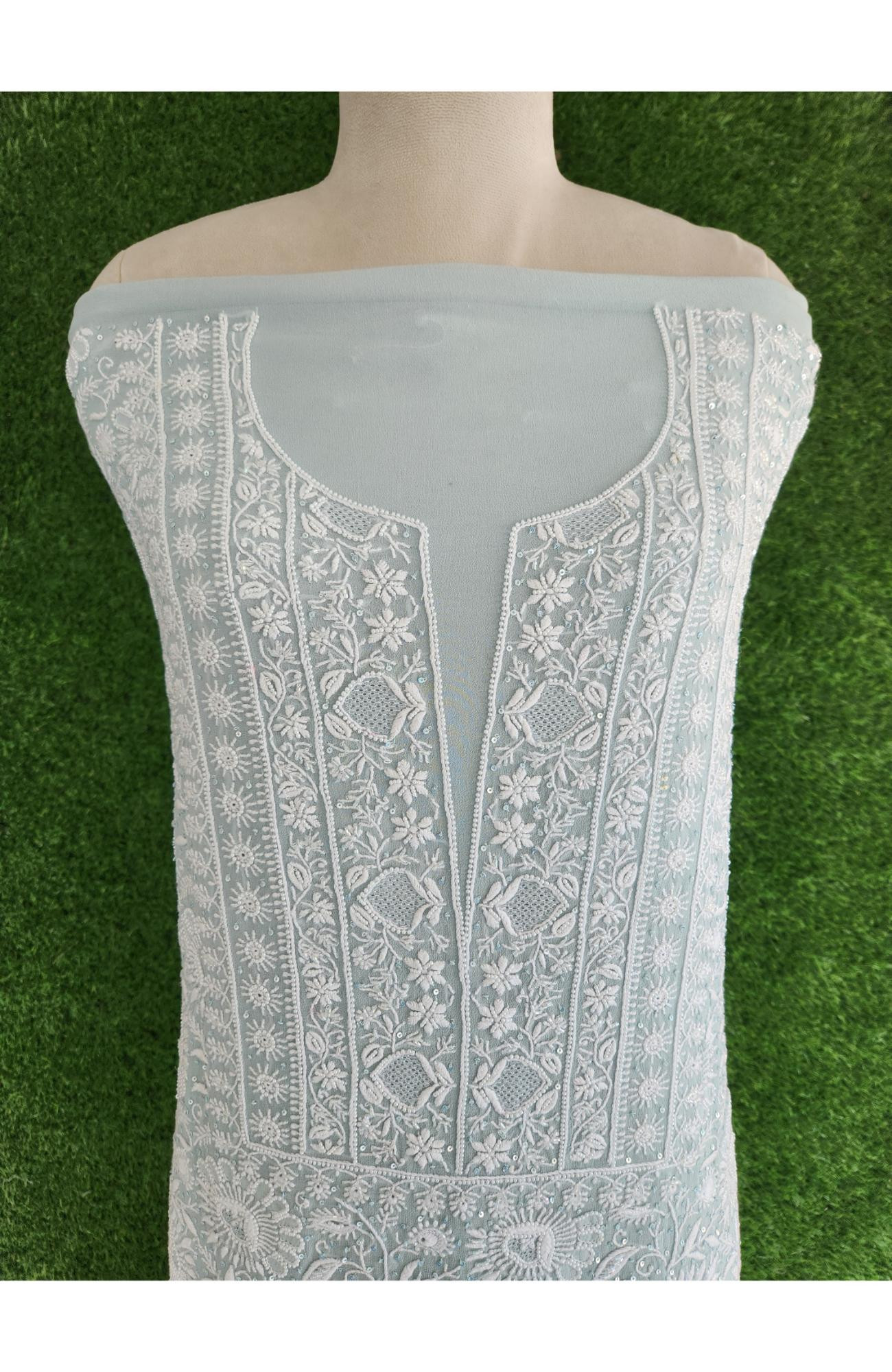 Pastel Light Blue Pure Georgette Chikankari 3 Piece Suit Length