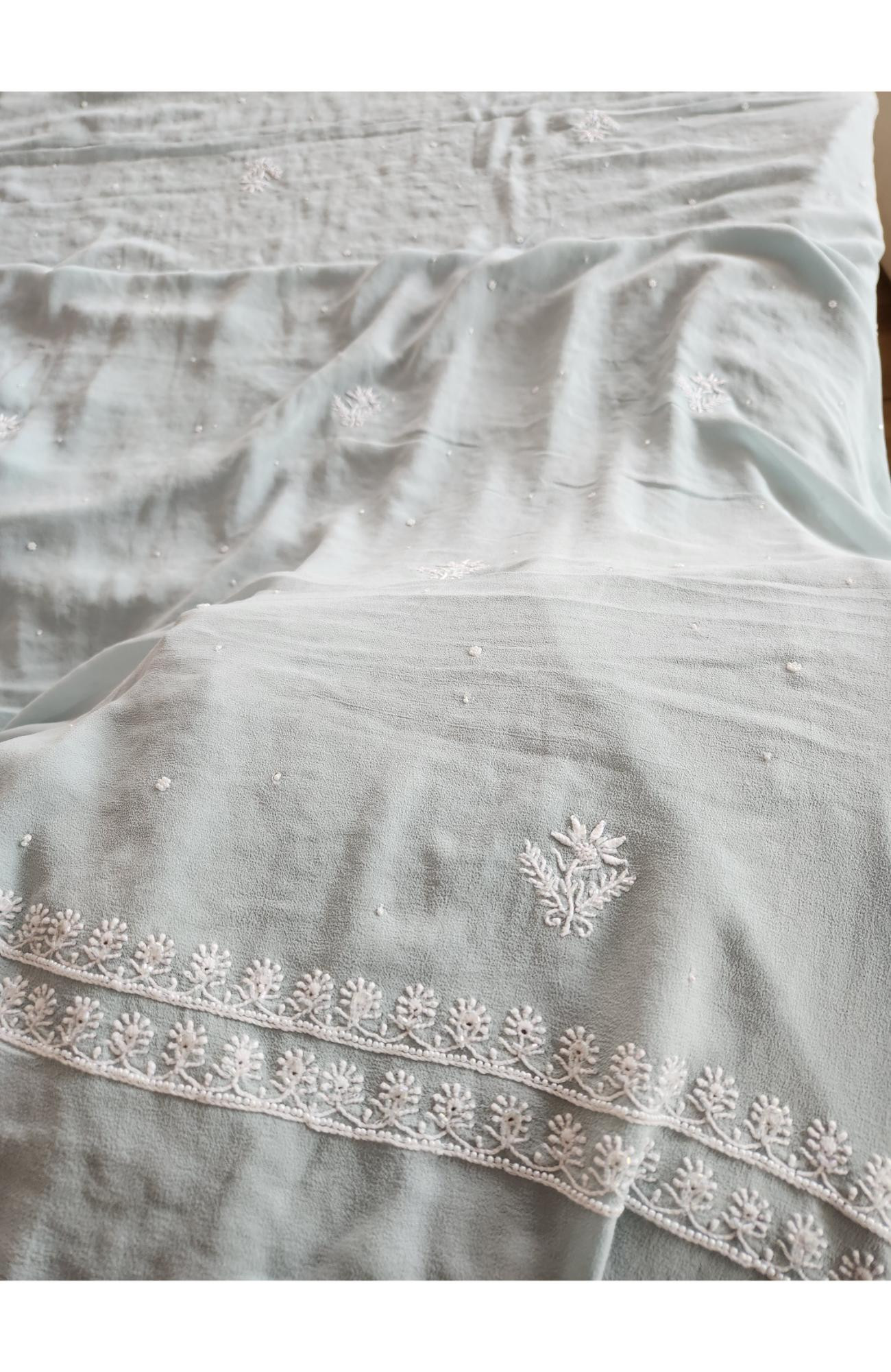 Pastel Light Blue Pure Georgette Chikankari 3 Piece Suit Length