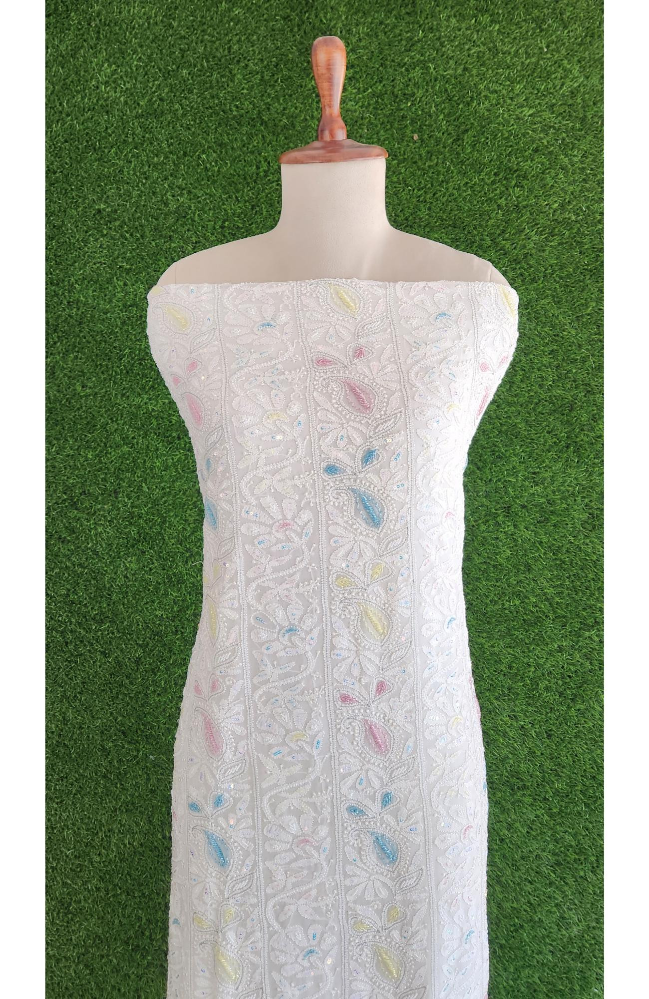 Rohia White Pure Georgette Chikankari Suit Length