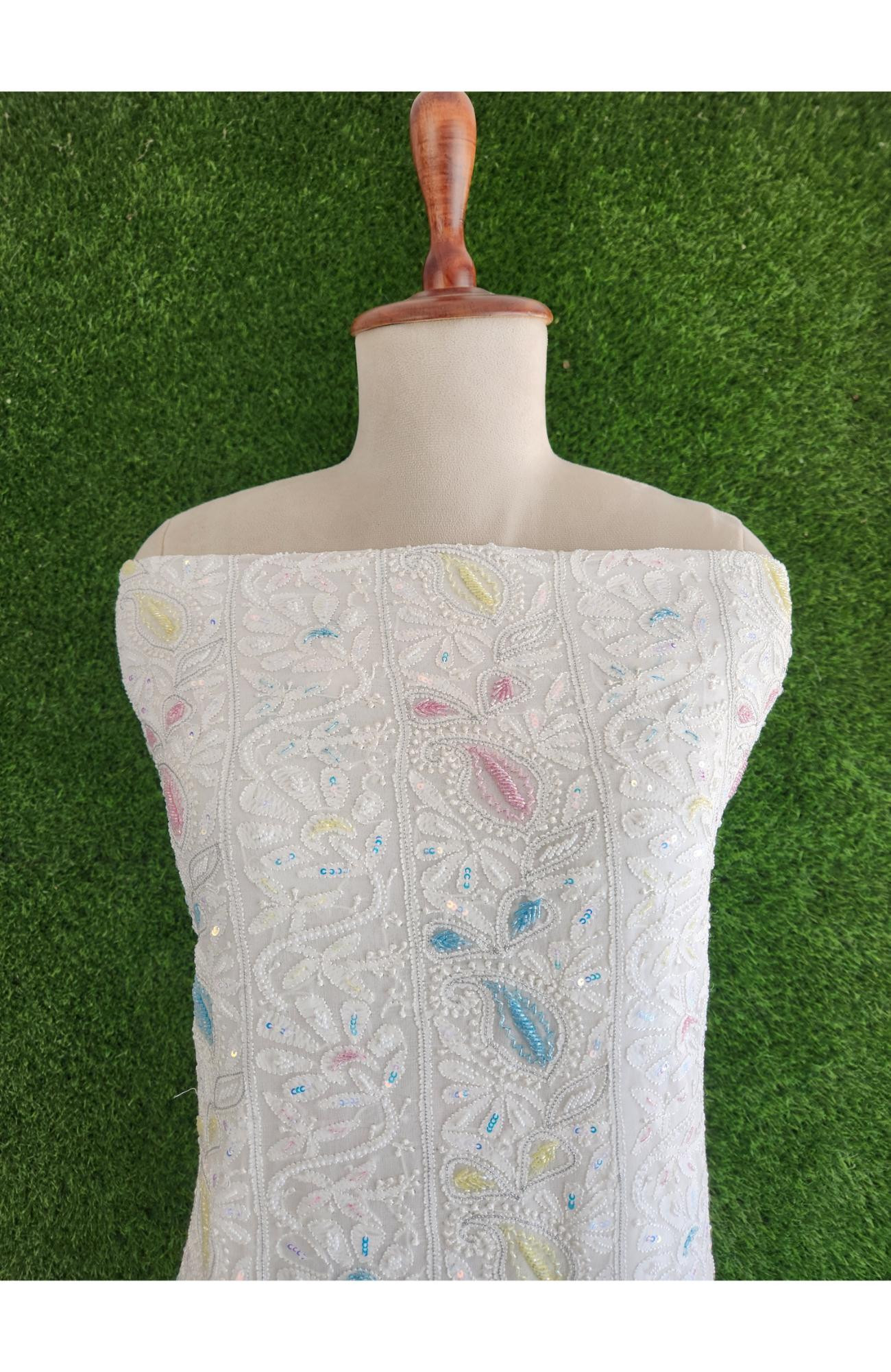 Rohia White Pure Georgette Chikankari Suit Length