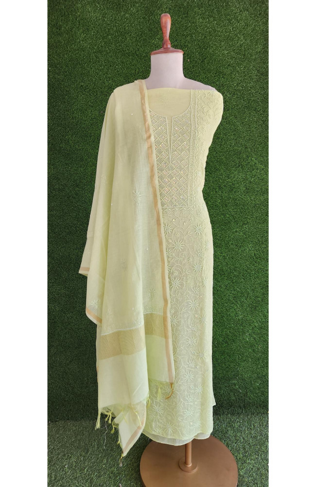 Image of Rohia Pista Green Mul Chikankari Suitlength
