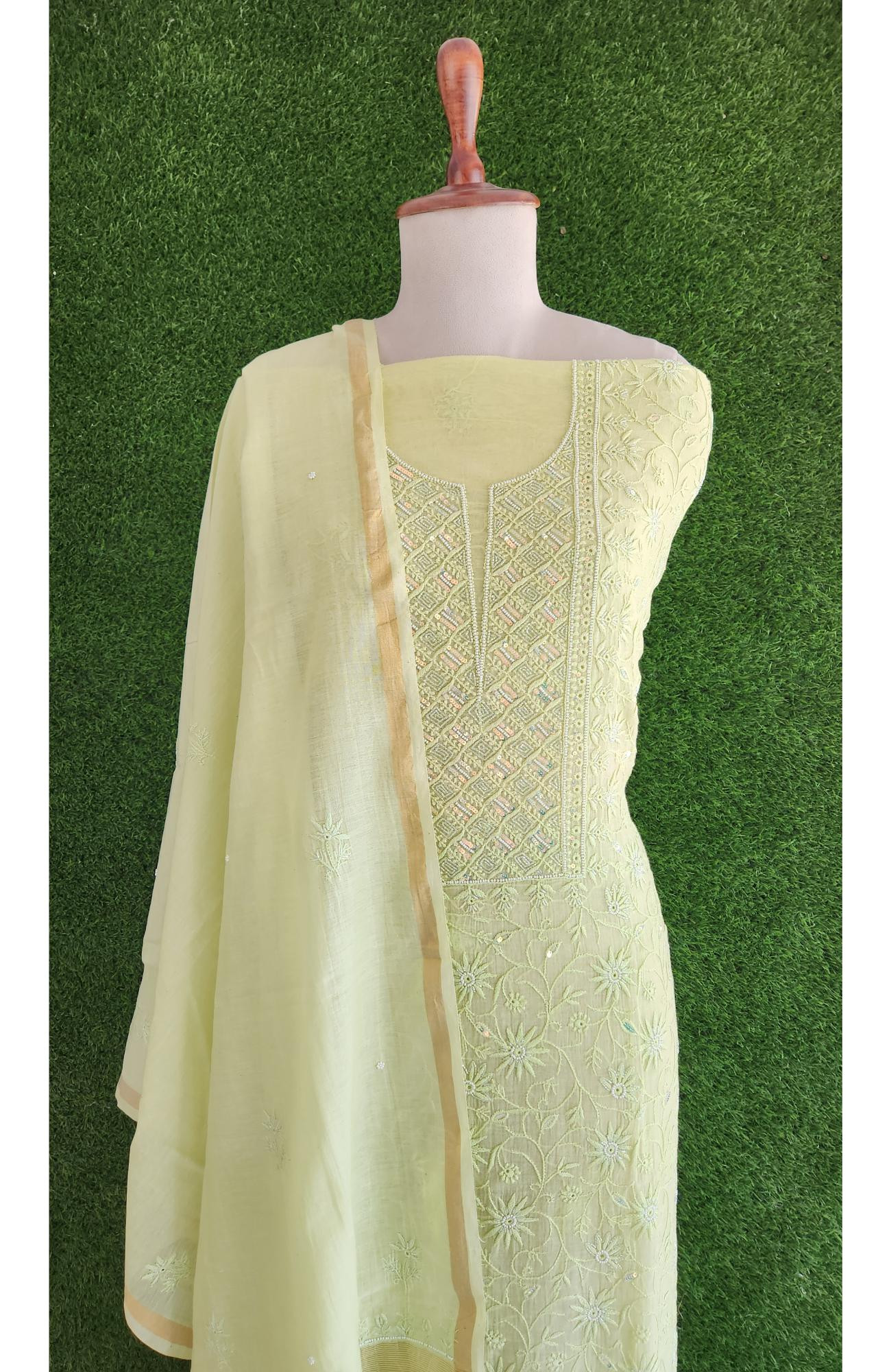 Rohia Pista Green Mul Chikankari Suitlength