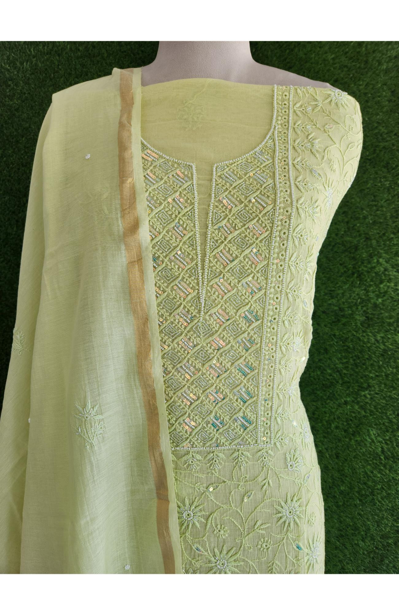 Rohia Pista Green Mul Chikankari Suitlength
