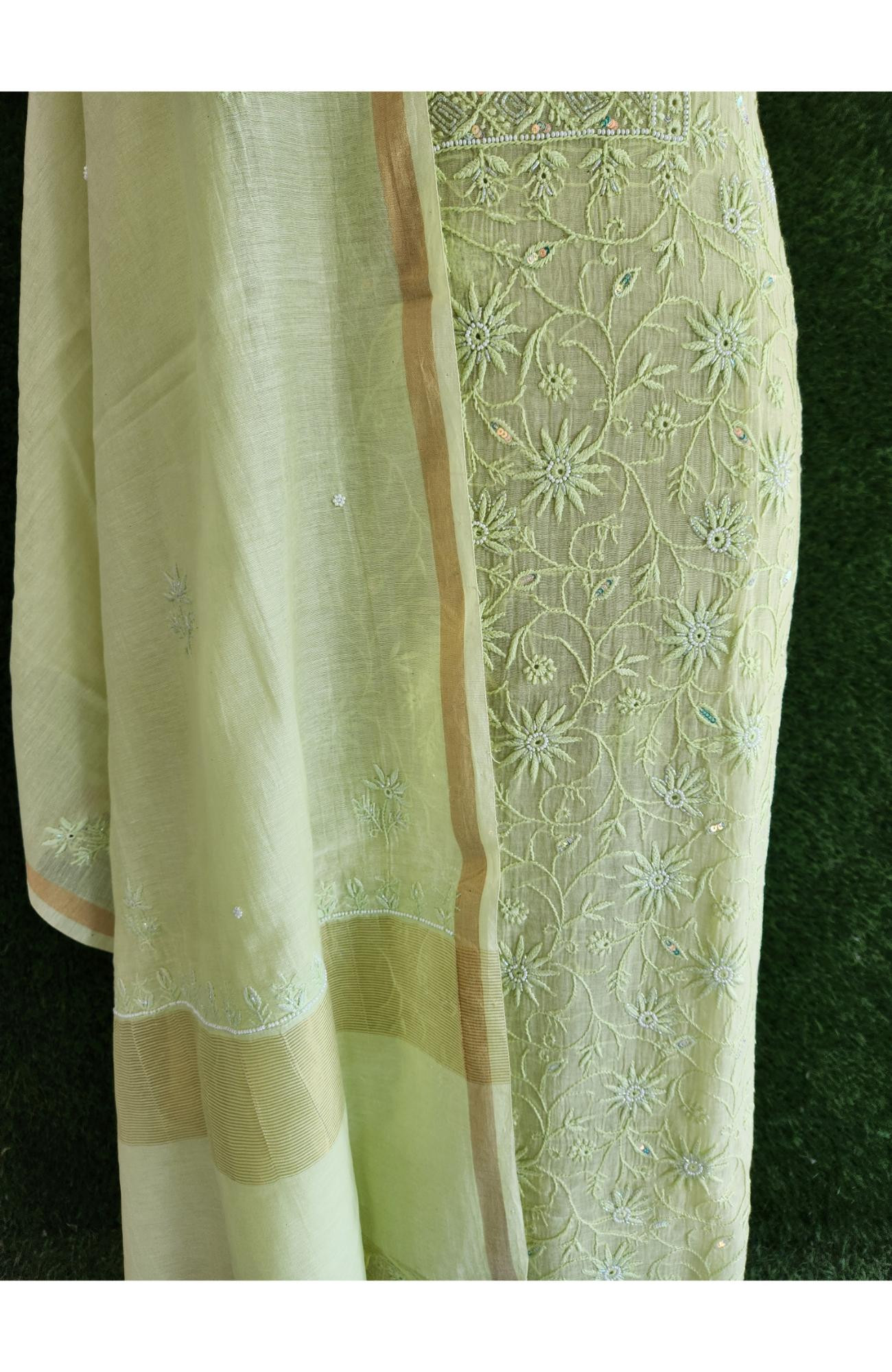 Rohia Pista Green Mul Chikankari Suitlength
