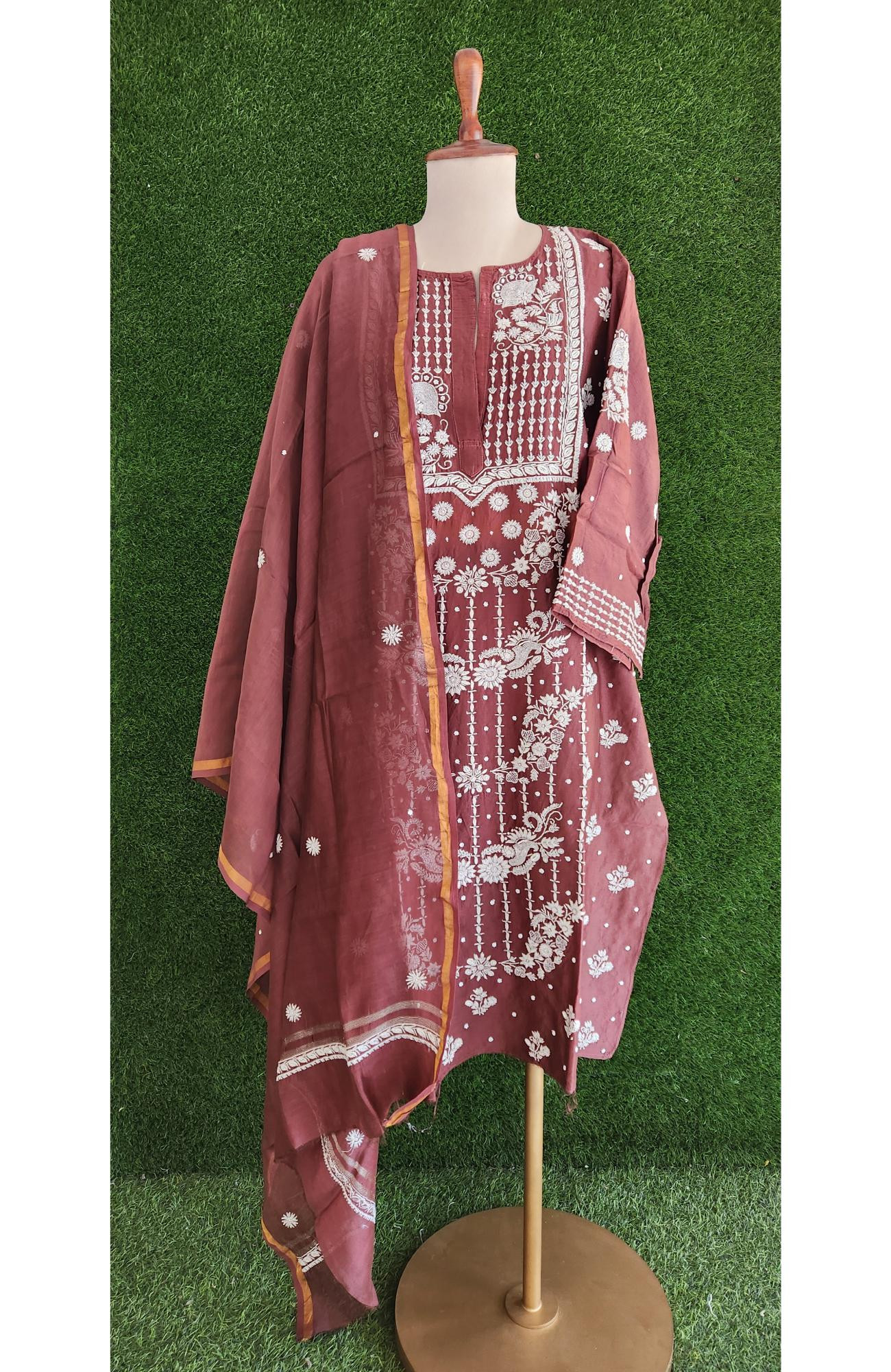 Rohia Chocolate Brown Chanderi Silk Chikankari Suit Length